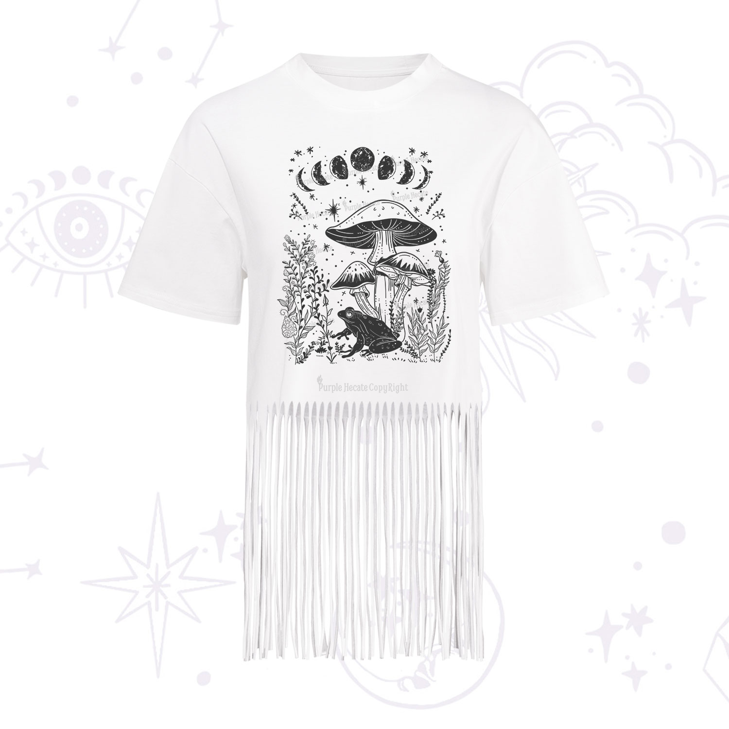 Purplehecate Celestial Frog Mushrooms Fringe Hem T-Shirt