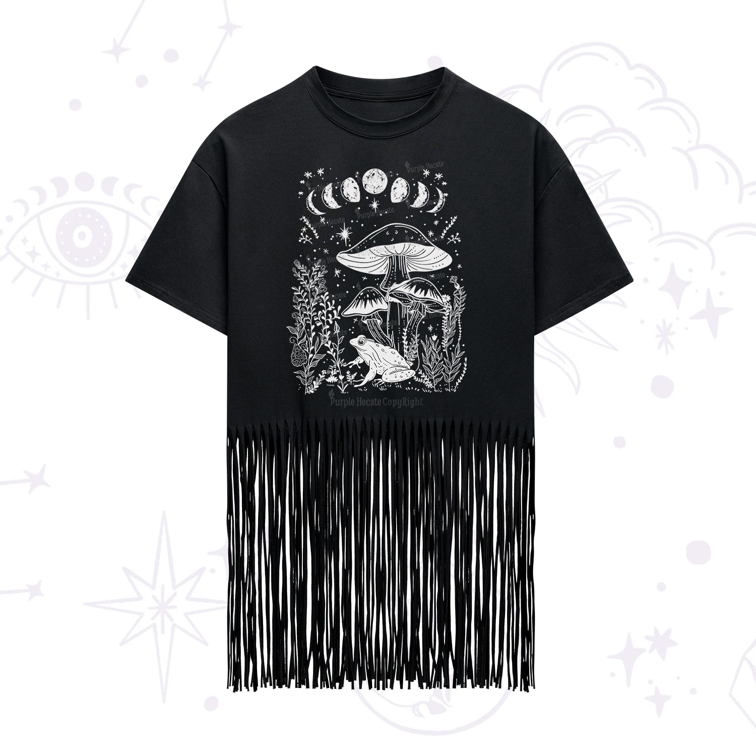 Purplehecate Celestial Frog Mushrooms Fringe Hem T-Shirt