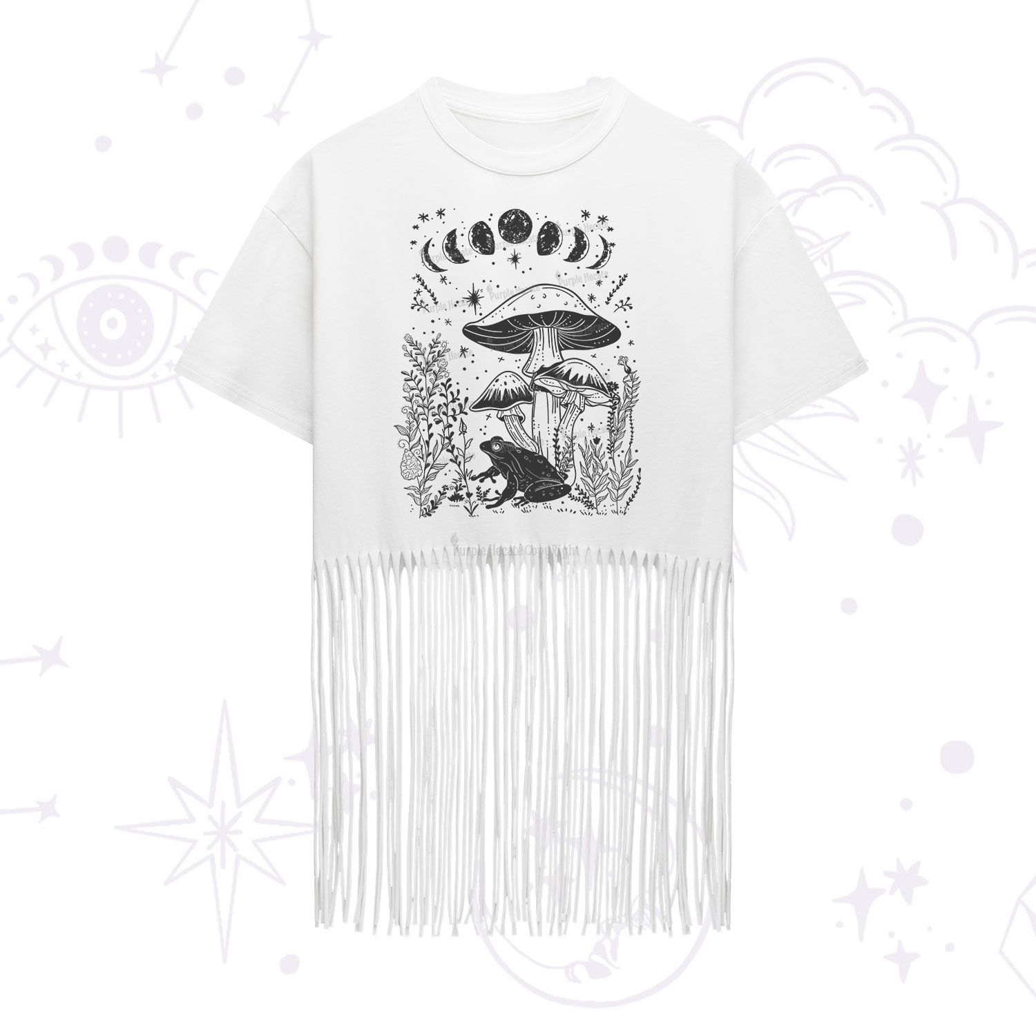 Purplehecate Celestial Frog Mushrooms Fringe Hem T-Shirt