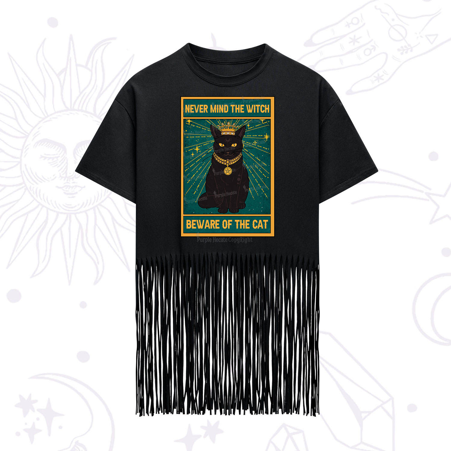 Purplehecate The Never Mind The Witch Beware Of The Cat Oracle Card Fringe Hem T-Shirt