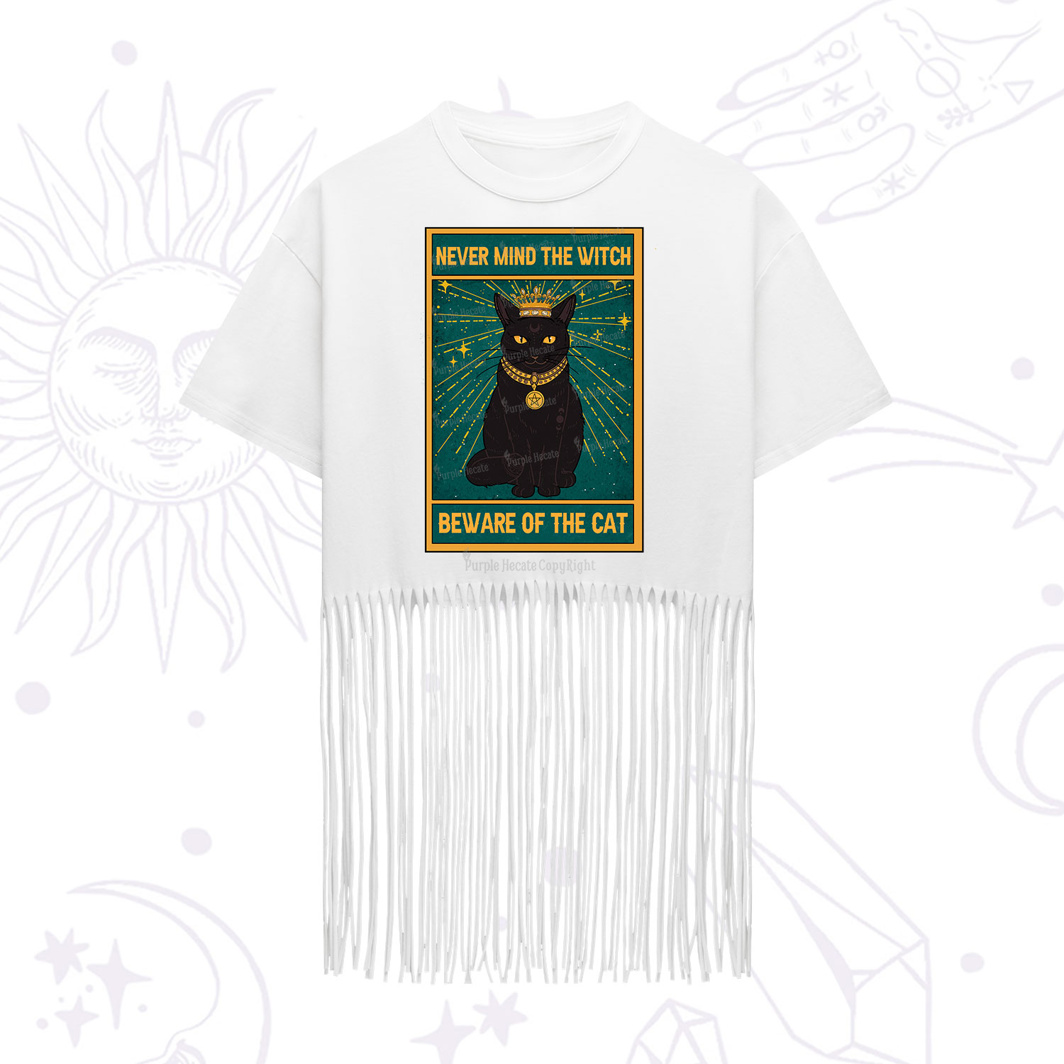 Purplehecate The Never Mind The Witch Beware Of The Cat Oracle Card Fringe Hem T-Shirt
