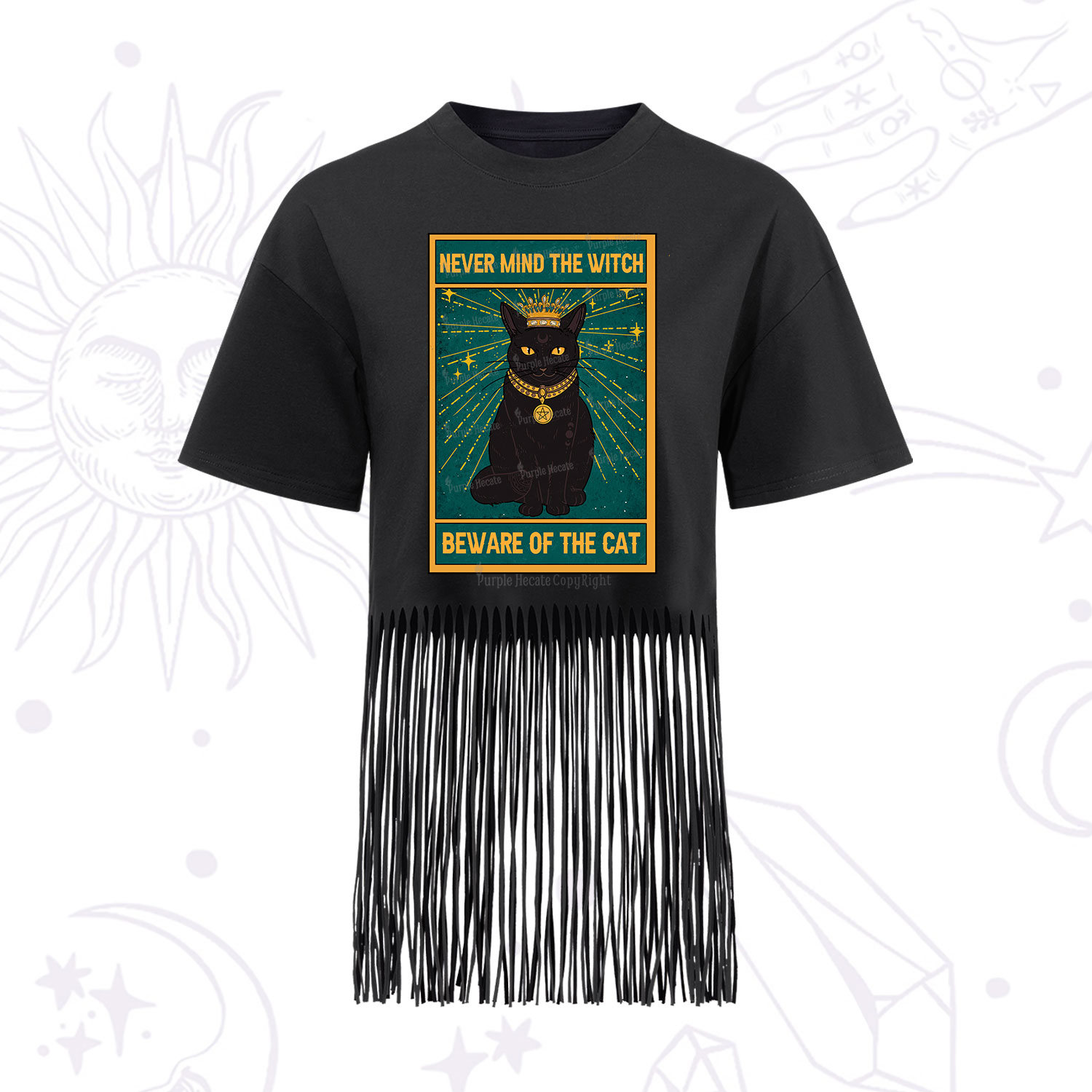 Purplehecate The Never Mind The Witch Beware Of The Cat Oracle Card Fringe Hem T-Shirt
