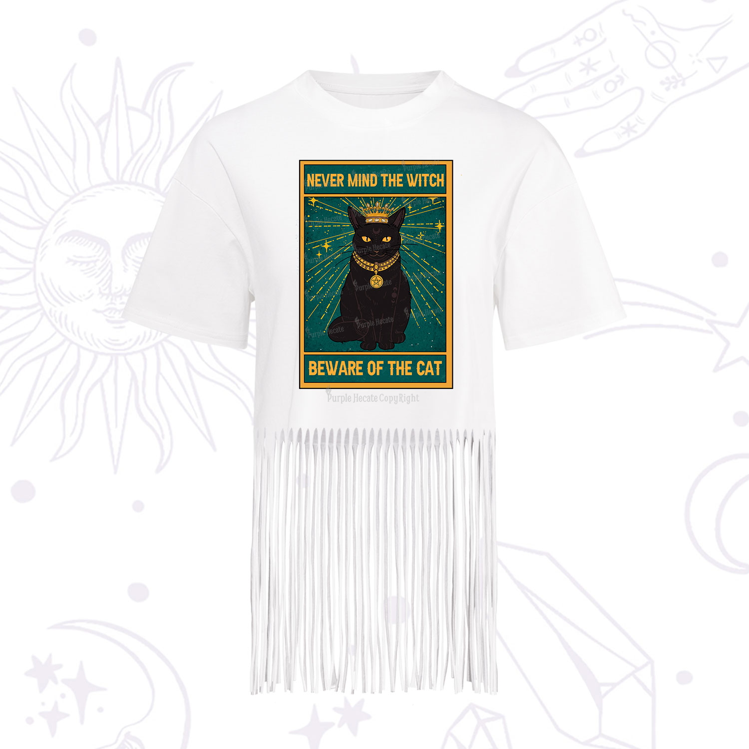 Purplehecate The Never Mind The Witch Beware Of The Cat Oracle Card Fringe Hem T-Shirt