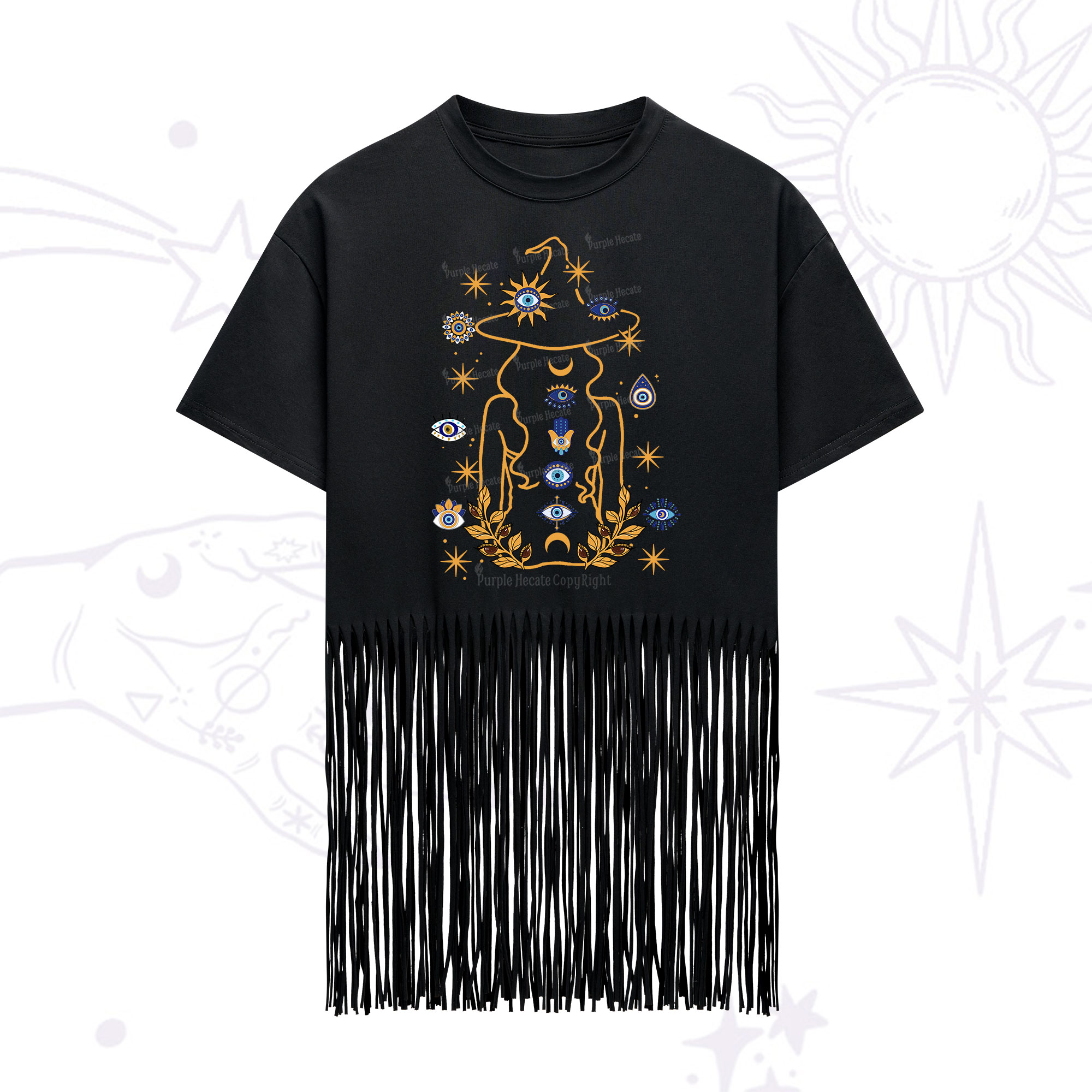 Purplehecate Evil Eye Woman Back Fringe Hem T-Shirt