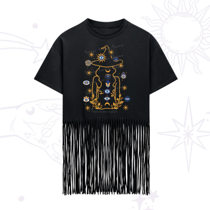 Purplehecate Evil Eye Woman Back Fringe Hem T-Shirt