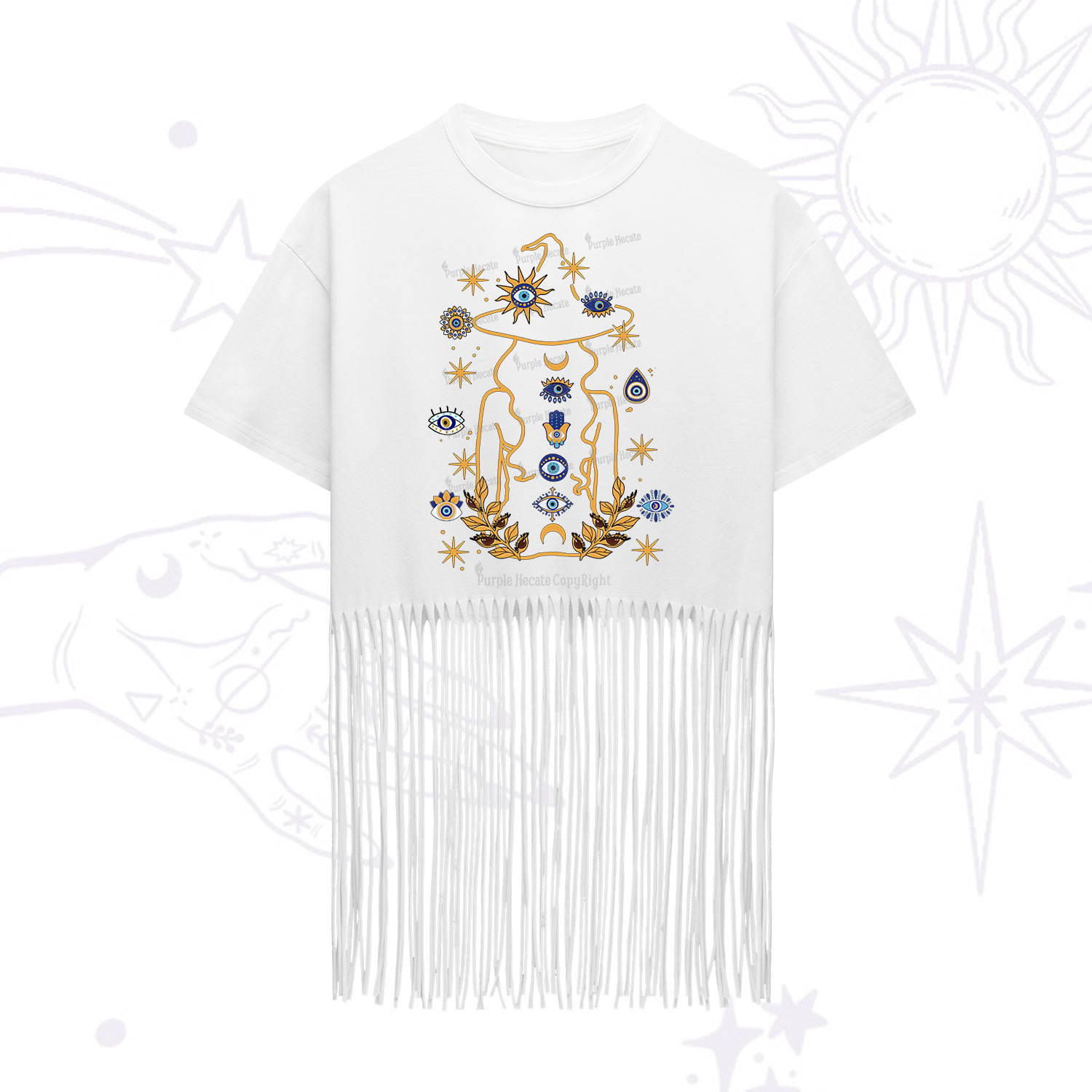 Purplehecate Evil Eye Woman Back Fringe Hem T-Shirt