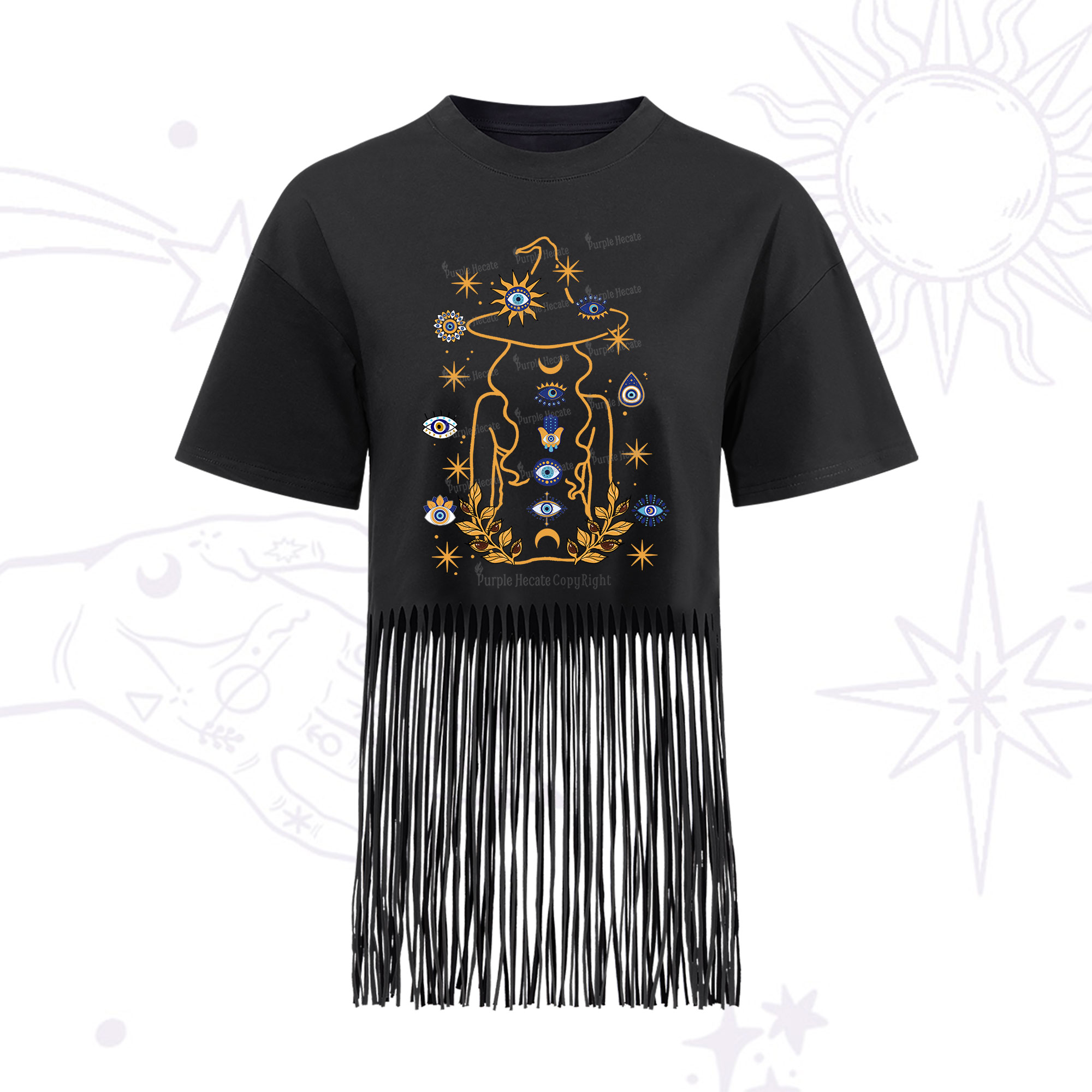Purplehecate Evil Eye Woman Back Fringe Hem T-Shirt