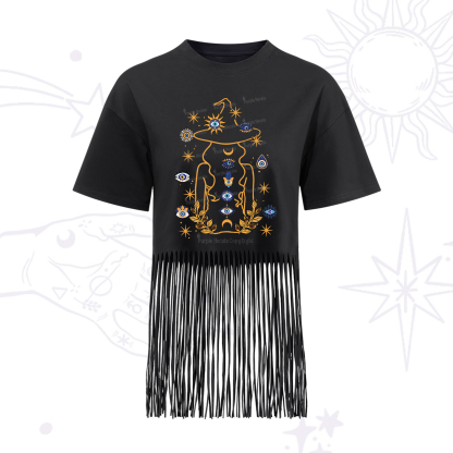 Purplehecate Evil Eye Woman Back Fringe Hem T-Shirt