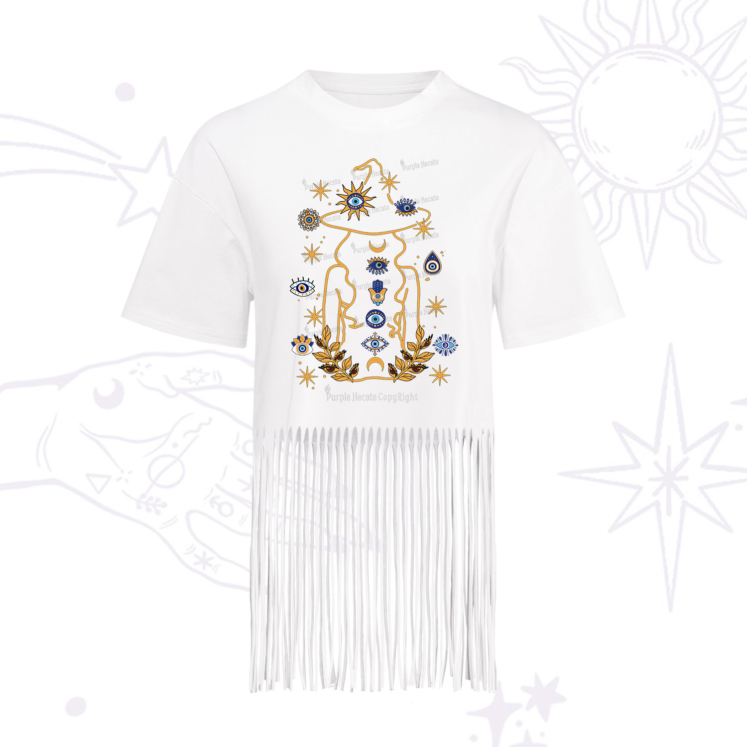Purplehecate Evil Eye Woman Back Fringe Hem T-Shirt