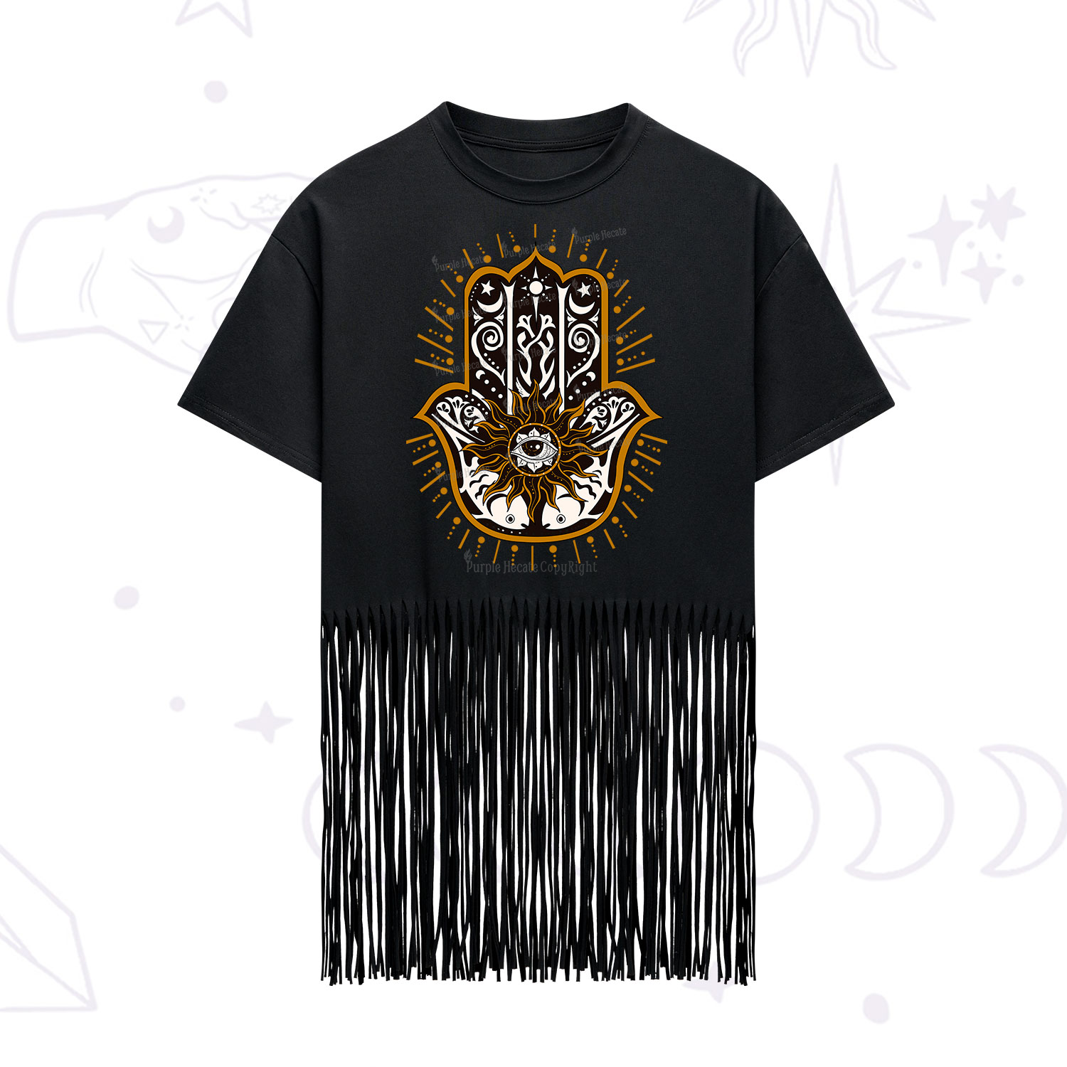Purplehecate The Sun Eye Hamsa Fringe Hem T-Shirt