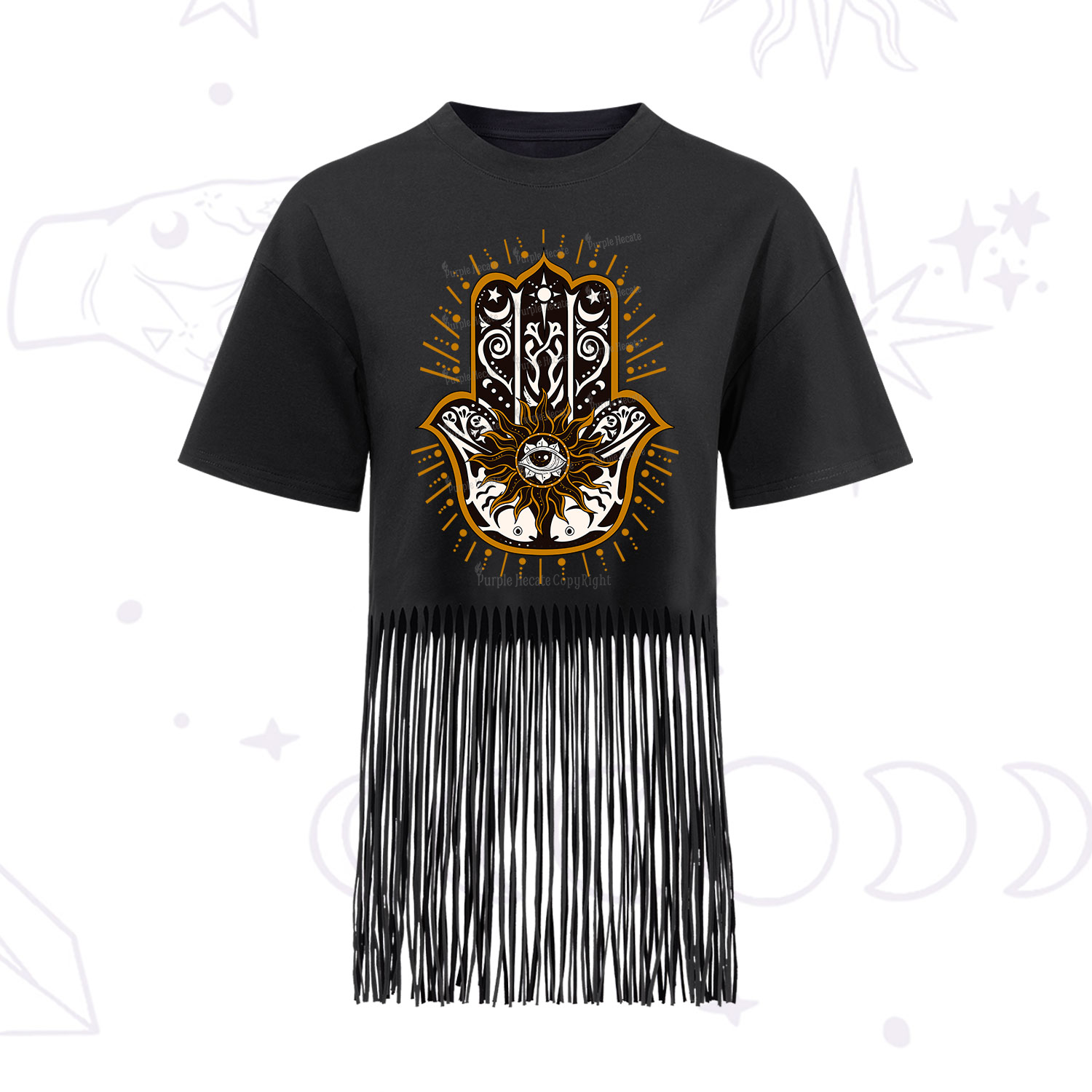 Purplehecate The Sun Eye Hamsa Fringe Hem T-Shirt