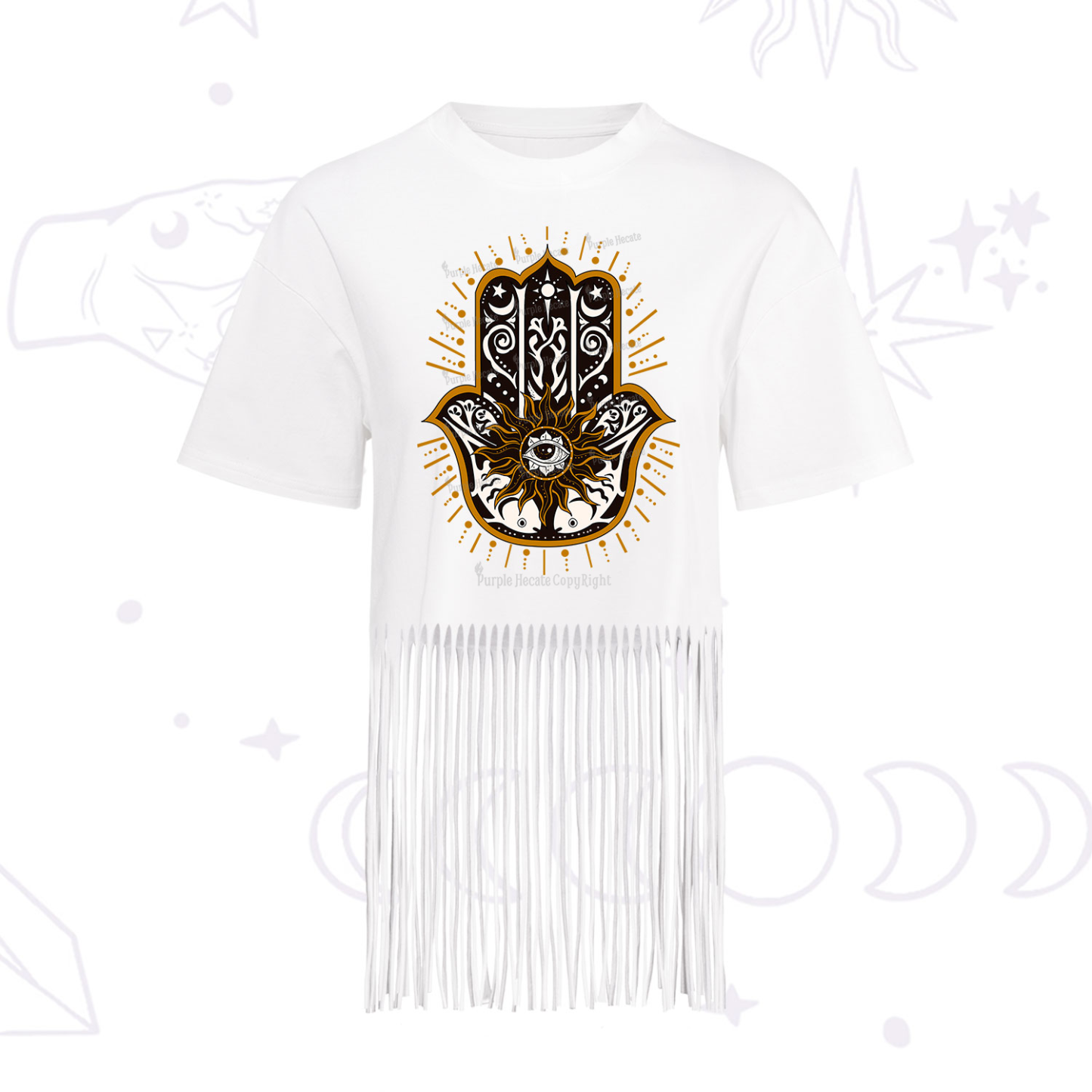 Purplehecate The Sun Eye Hamsa Fringe Hem T-Shirt
