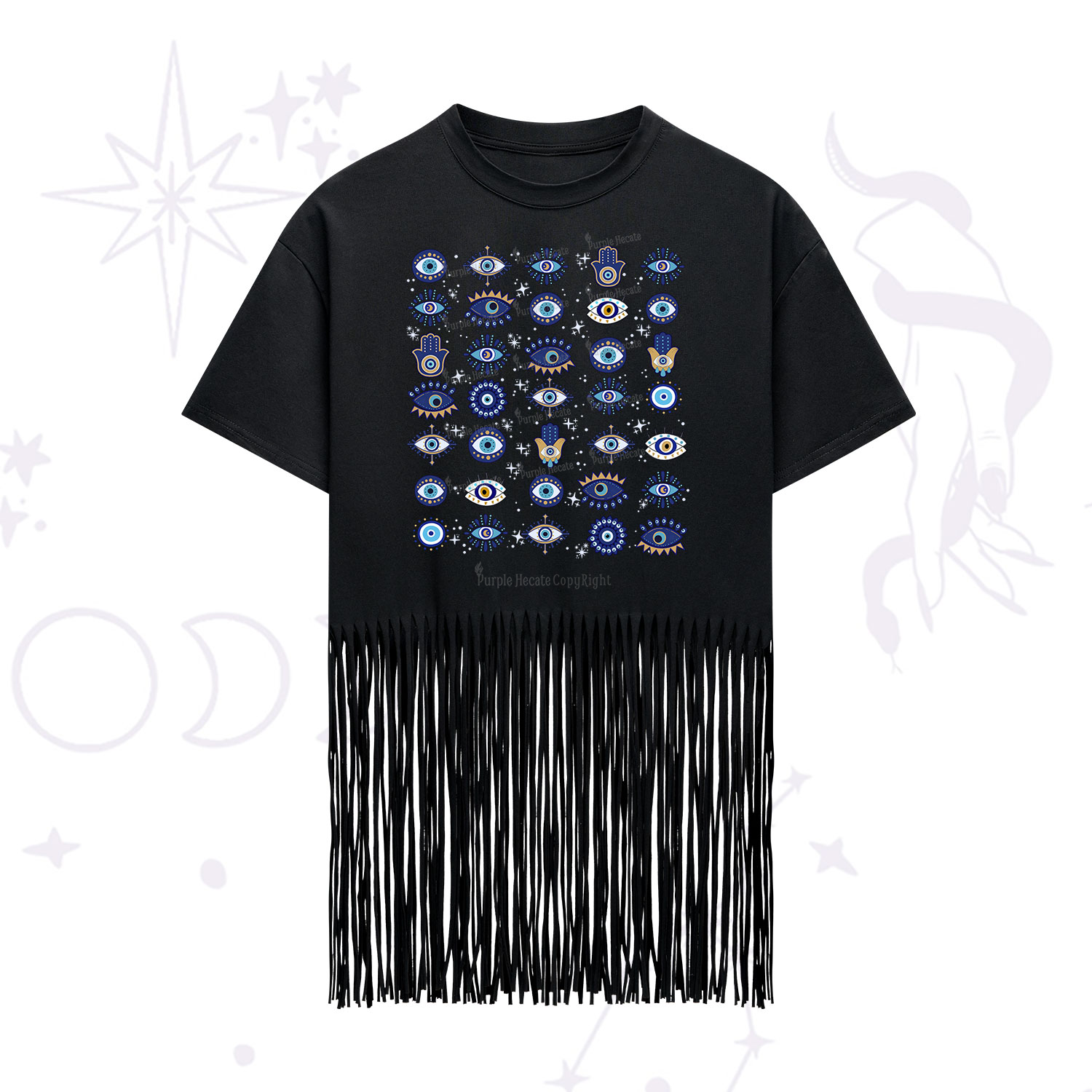 Purplehecate Evil Eye Protection Fringe Hem T-Shirt