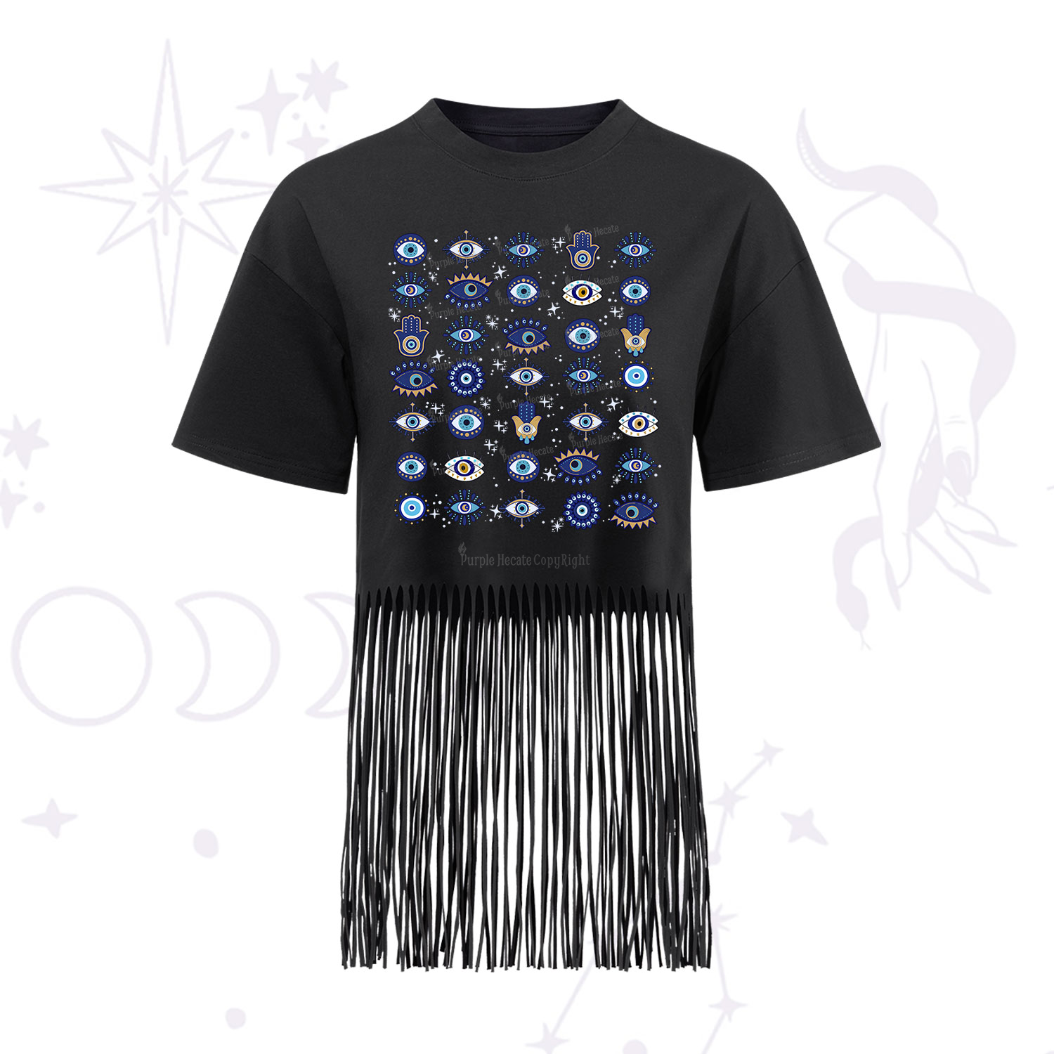 Purplehecate Evil Eye Protection Fringe Hem T-Shirt