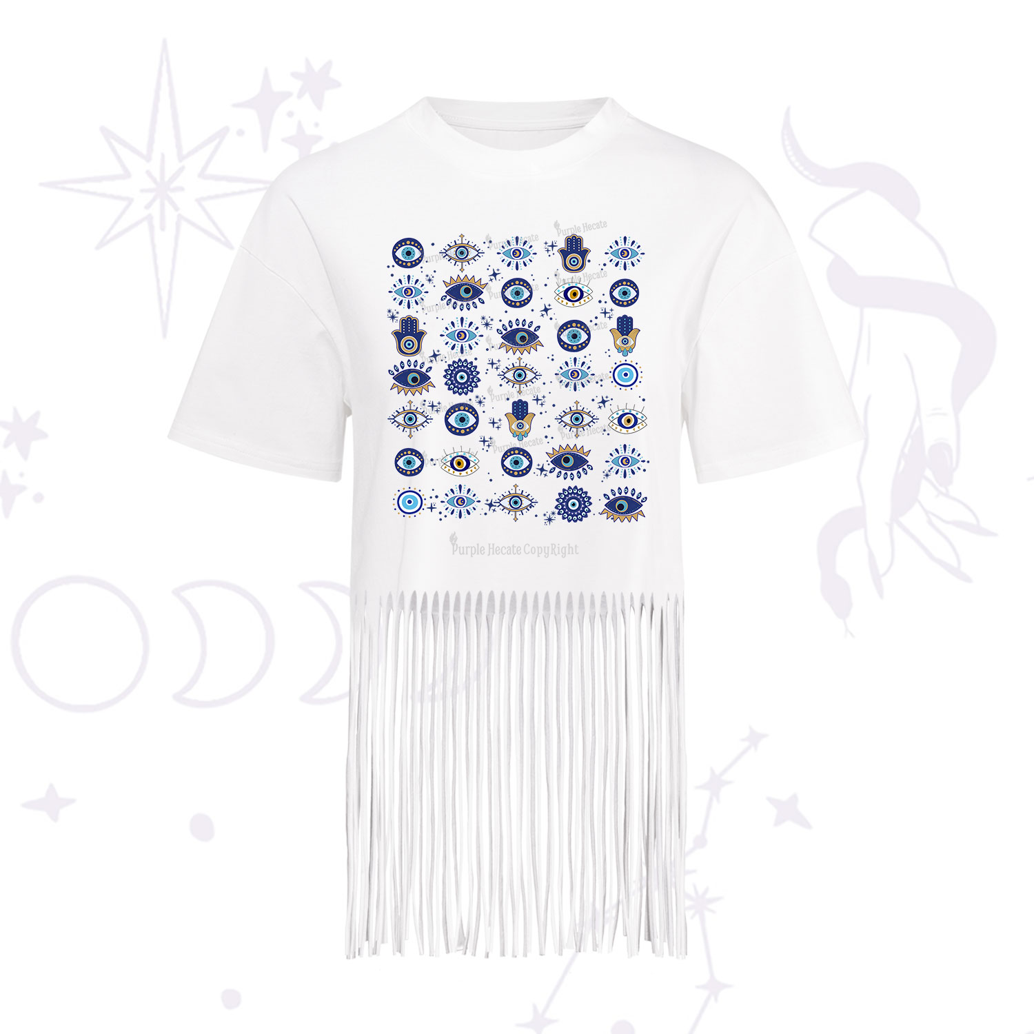Purplehecate Evil Eye Protection Fringe Hem T-Shirt