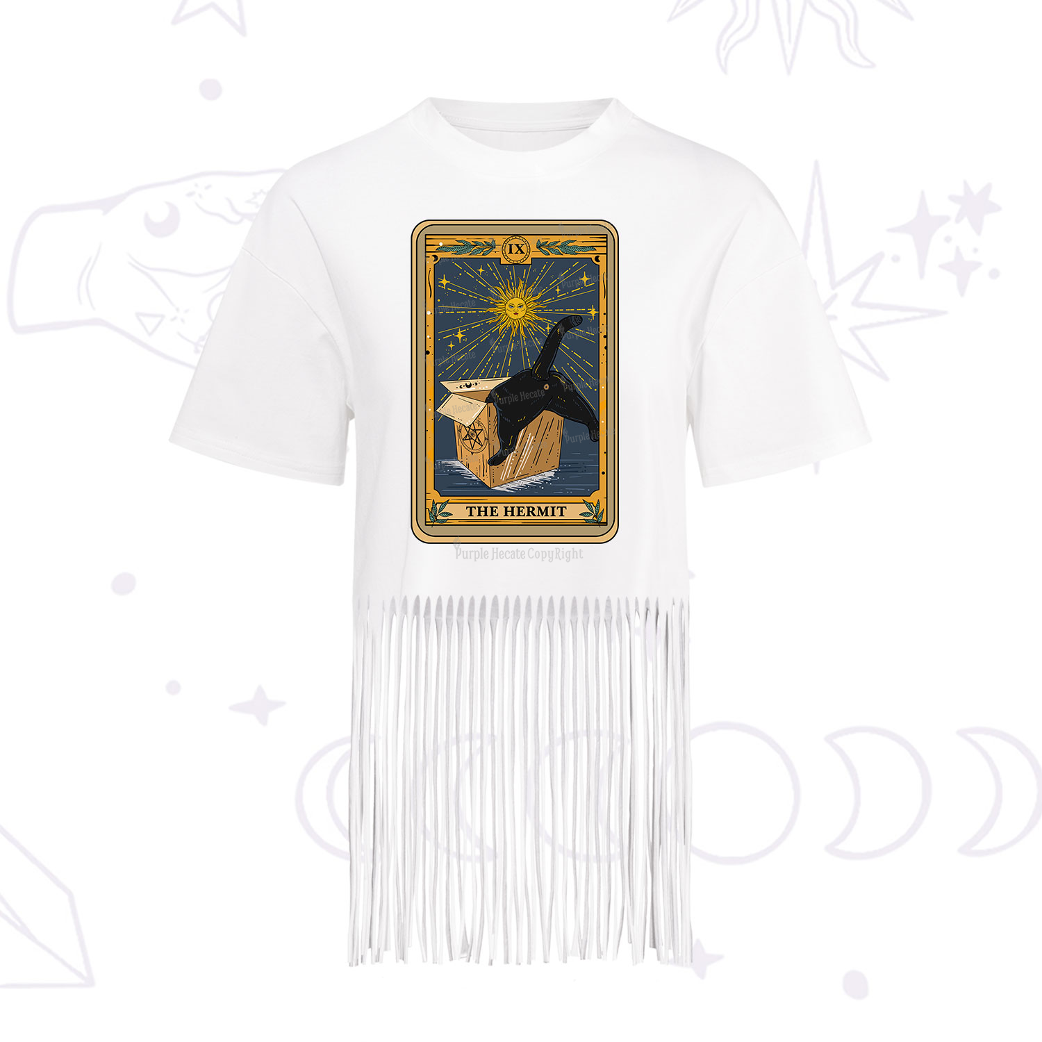 Purplehecate The Cardboard Hermit Cat Tarot Fringe Hem T-Shirt