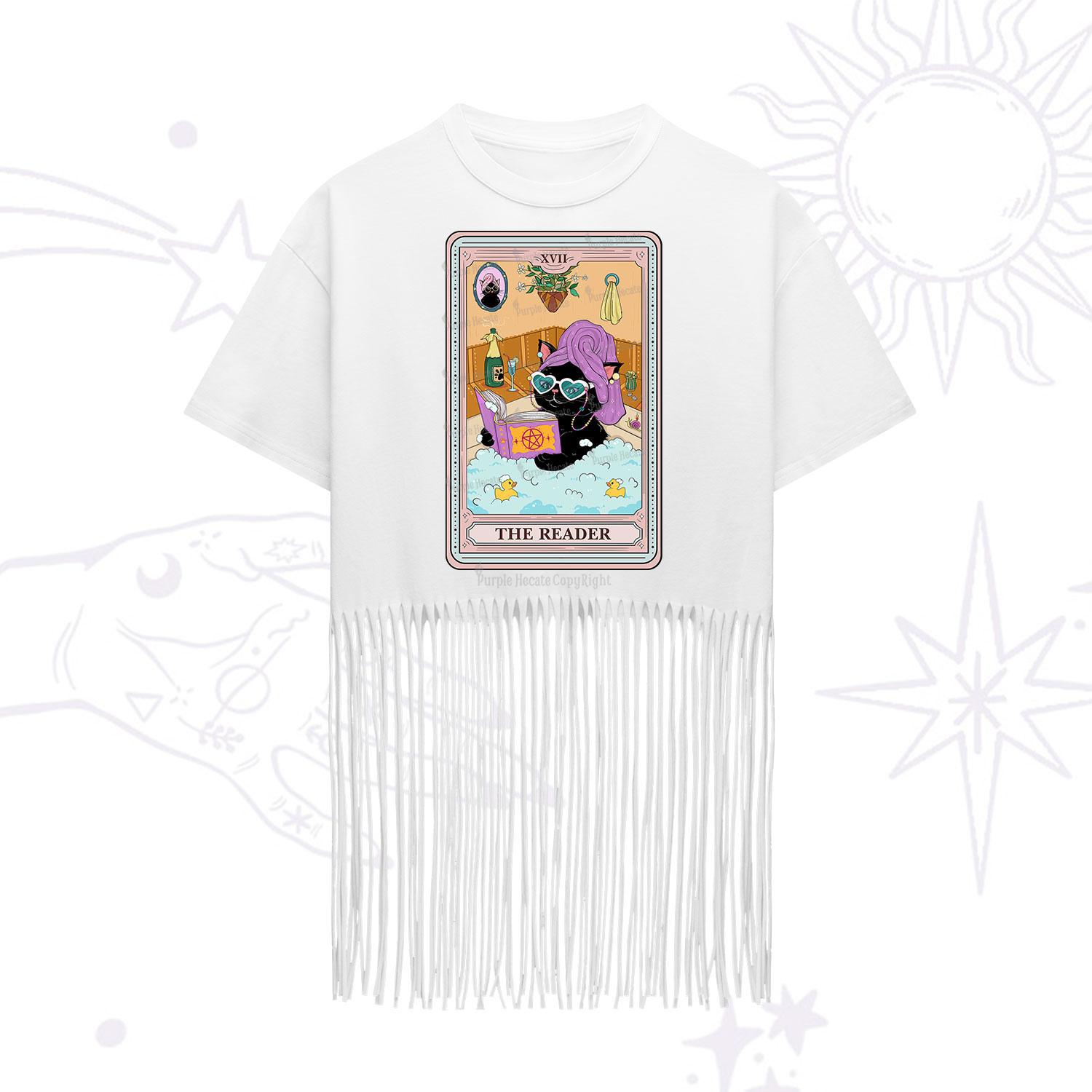 Purplehecate The Reader Cat Tarot Fringe Hem T-Shirt