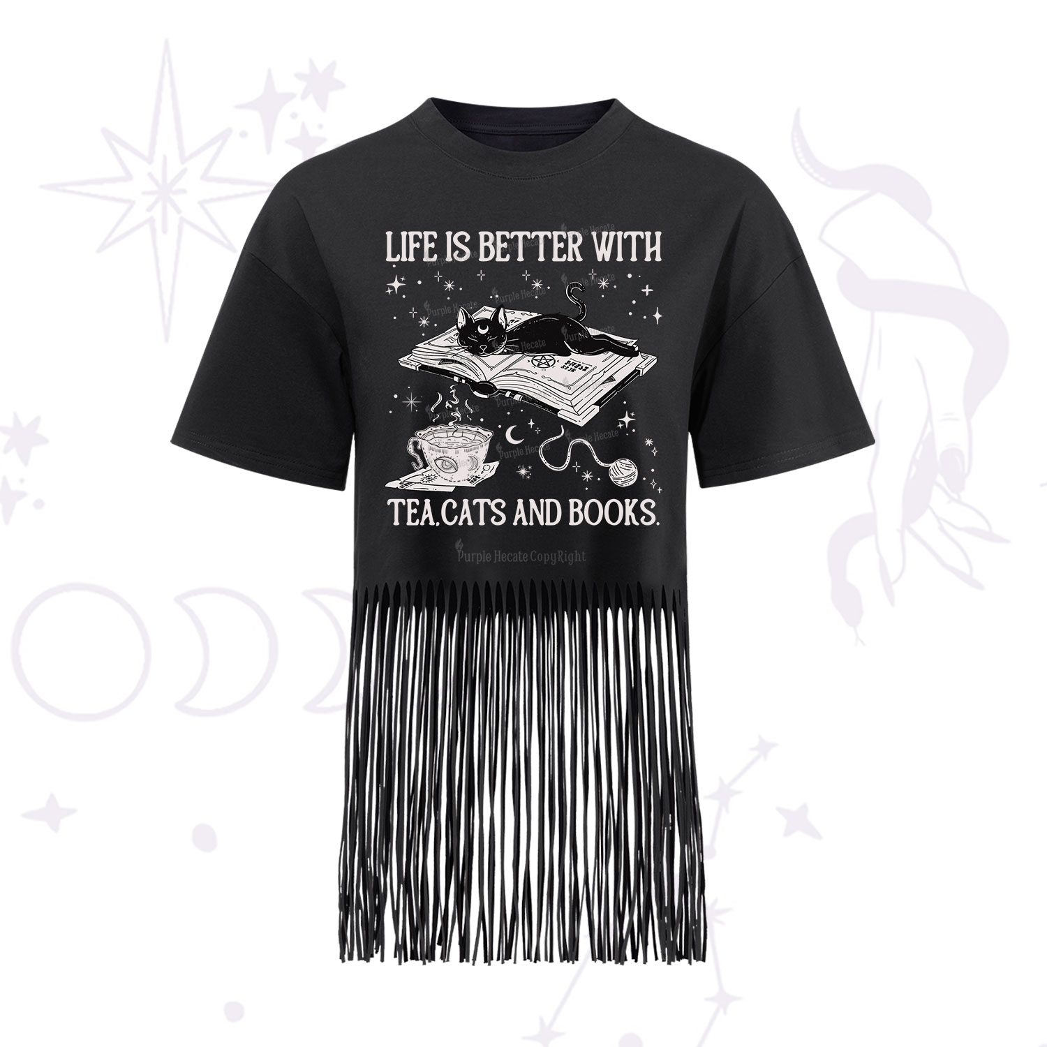 Purplehecate Life Is Better With Cats And Books Fringe Hem T-Shirt
