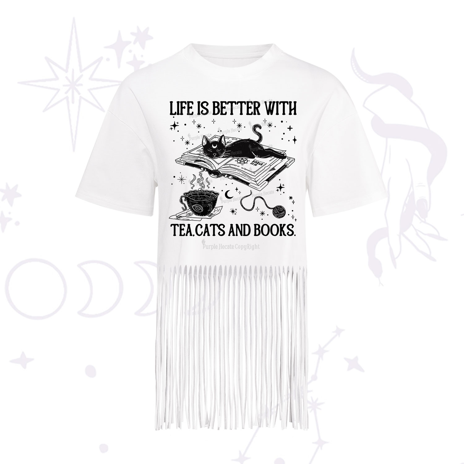 Purplehecate Life Is Better With Cats And Books Fringe Hem T-Shirt