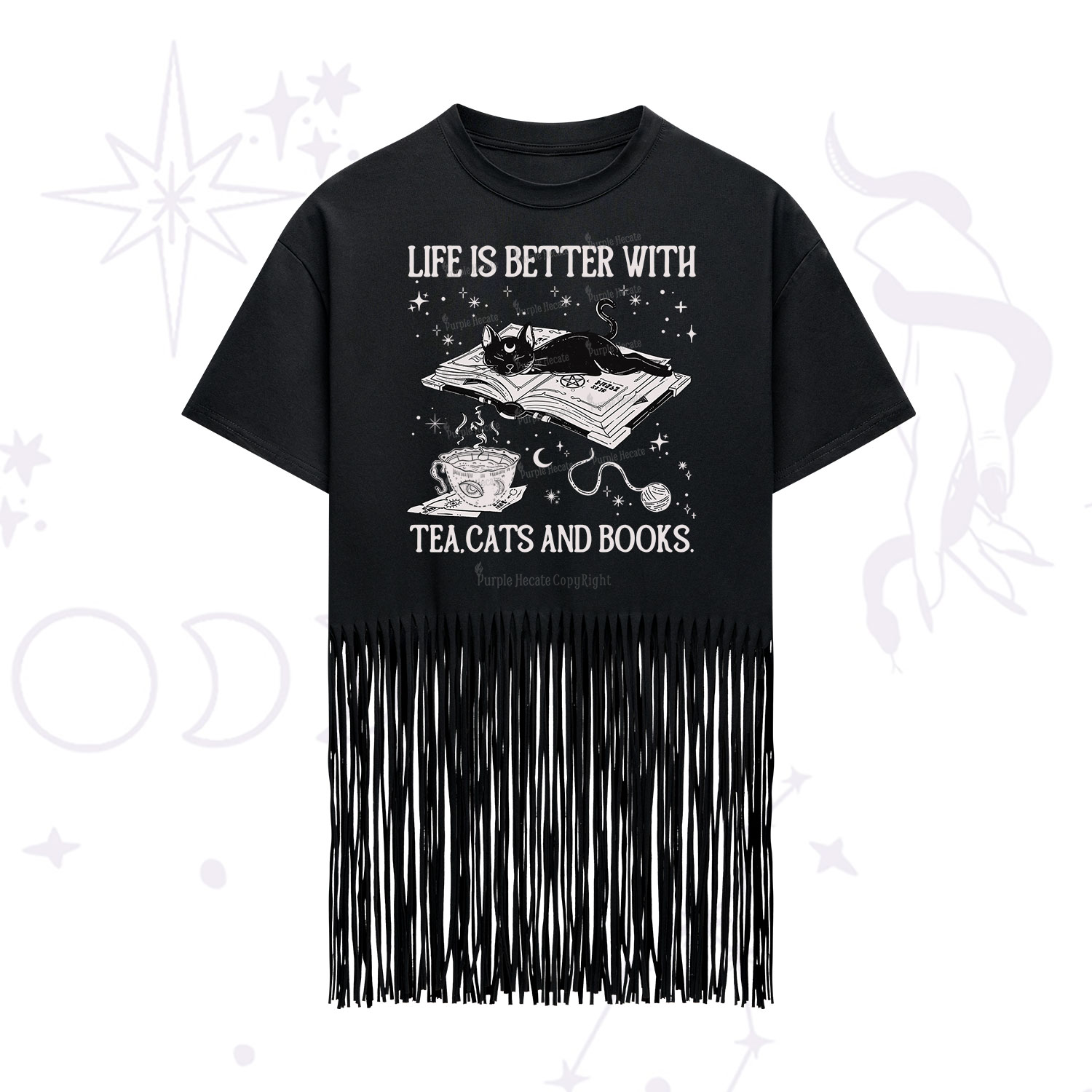 Purplehecate Life Is Better With Cats And Books Fringe Hem T-Shirt