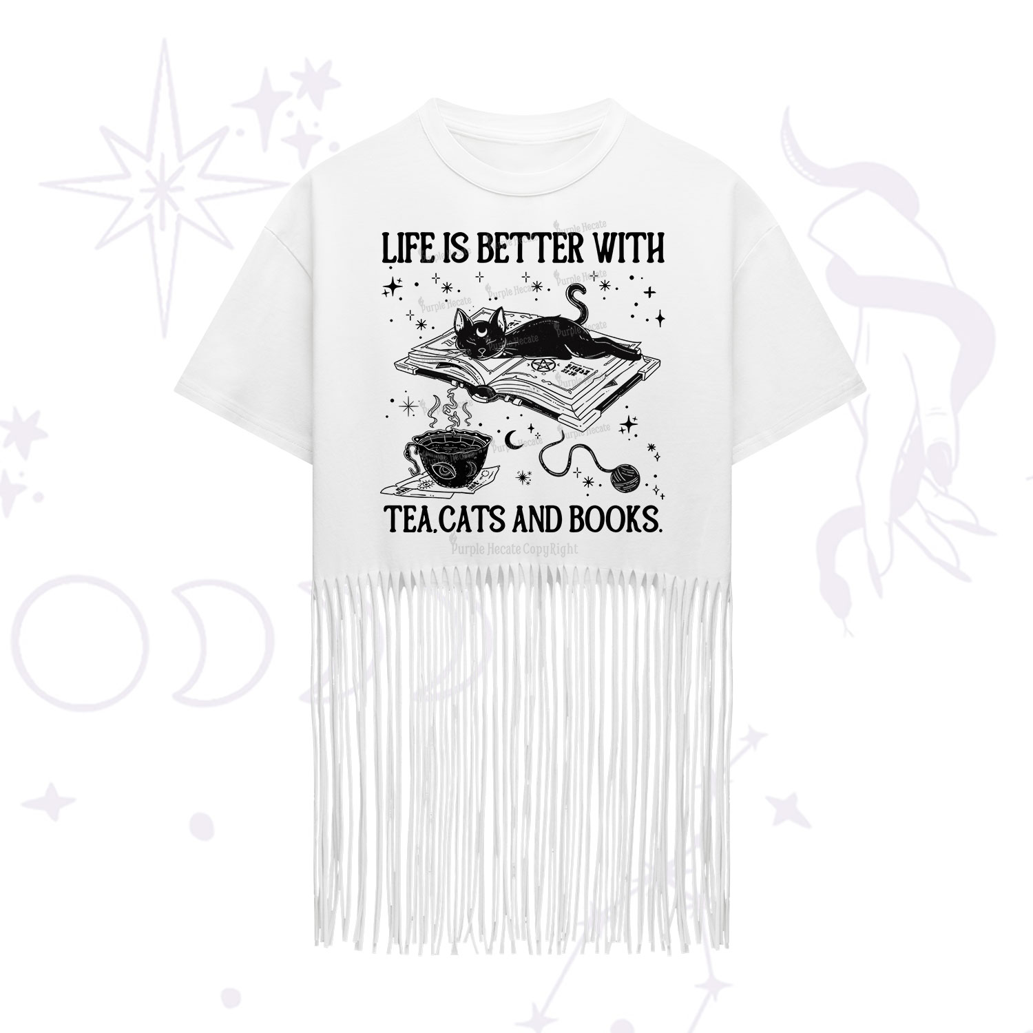 Purplehecate Life Is Better With Cats And Books Fringe Hem T-Shirt