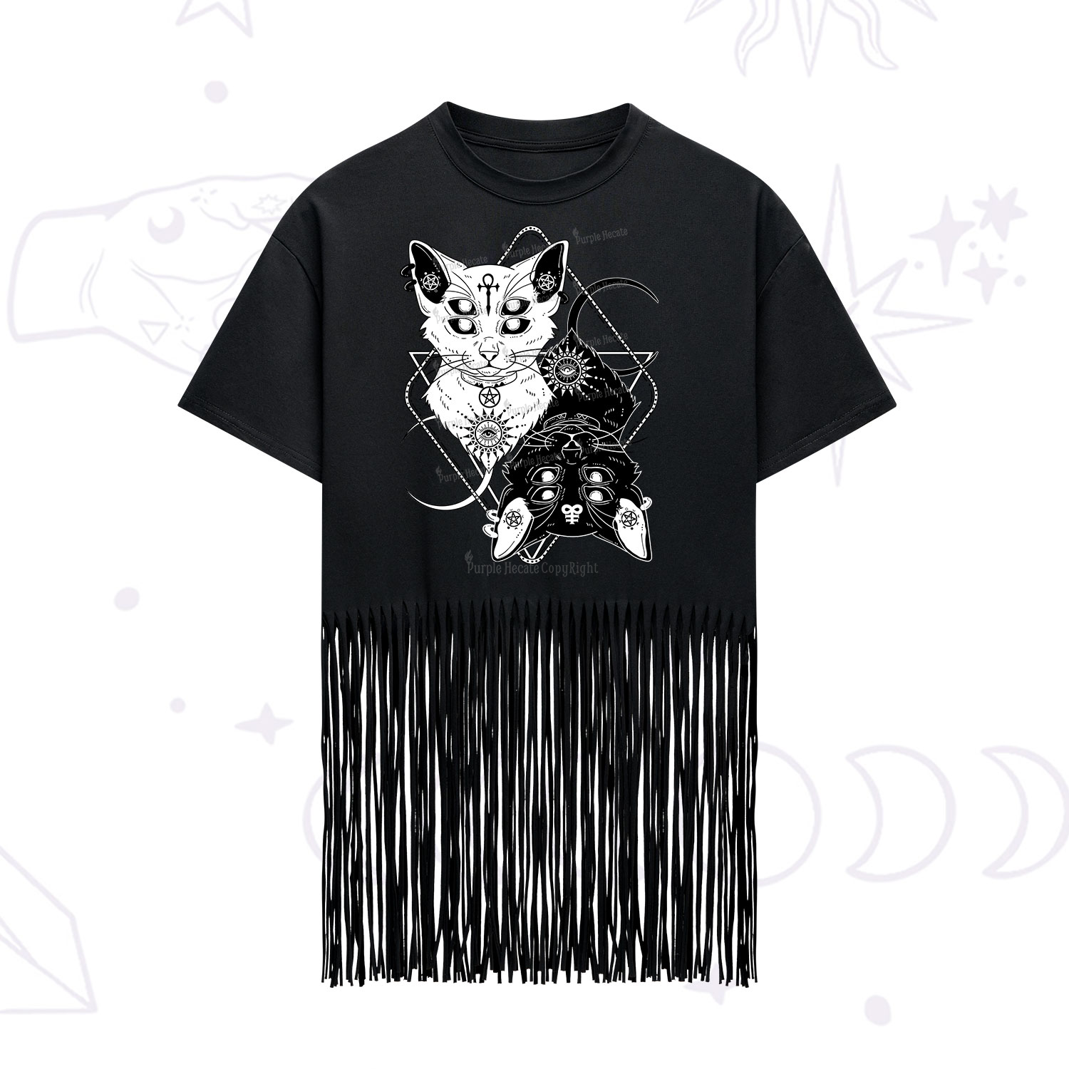 Purplehecate Occult Mirror Cats Fringe Hem T-Shirt