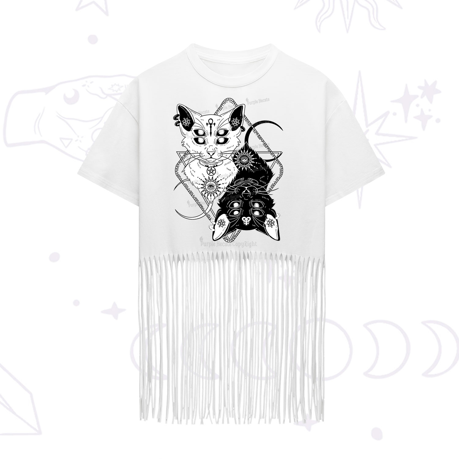 Purplehecate Occult Mirror Cats Fringe Hem T-Shirt