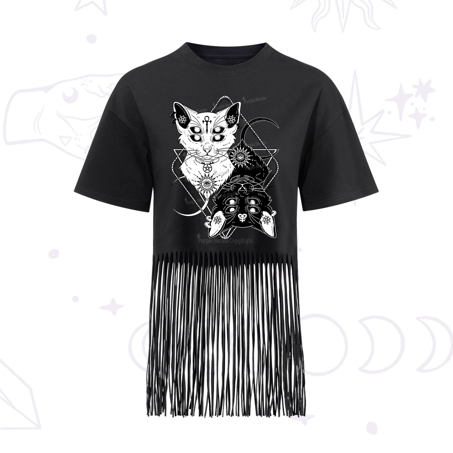 Purplehecate Occult Mirror Cats Fringe Hem T-Shirt