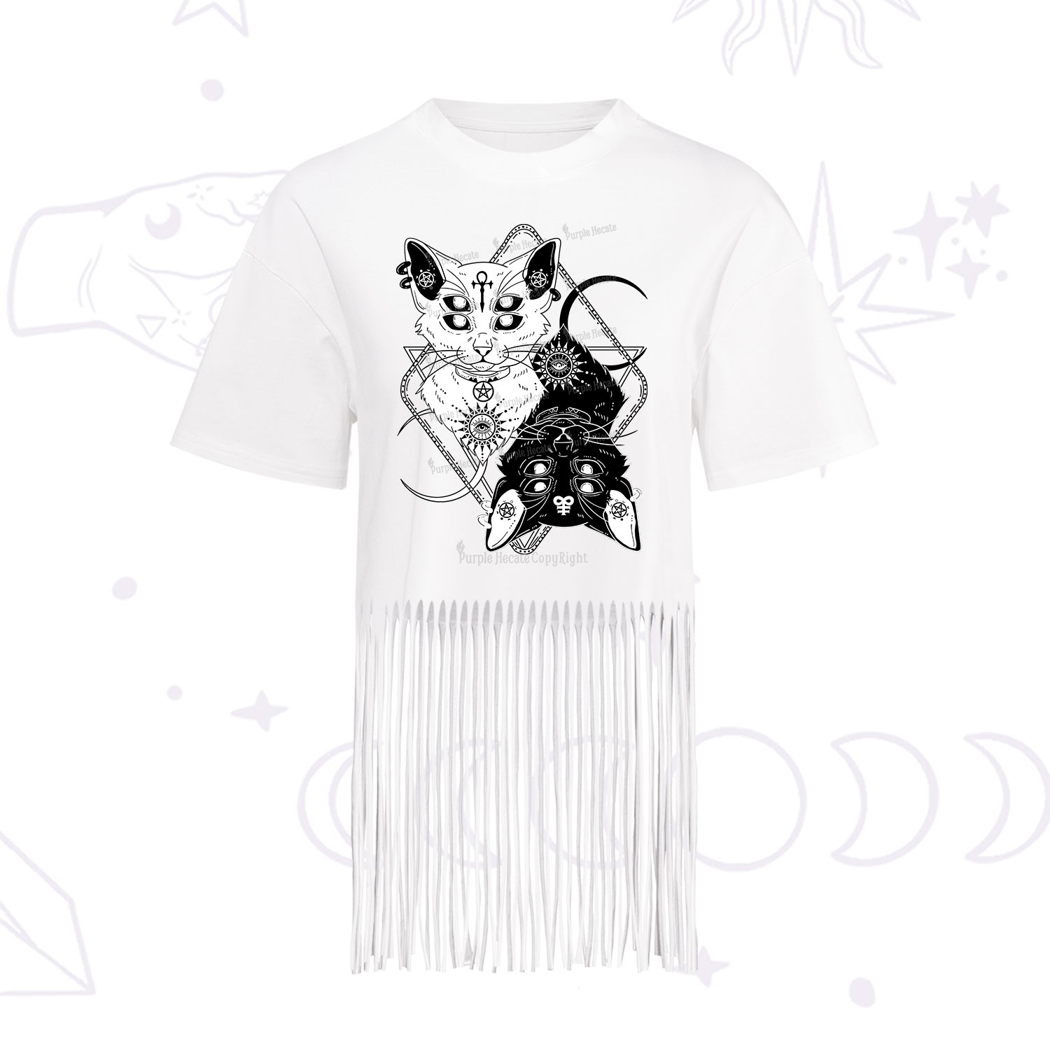 Purplehecate Occult Mirror Cats Fringe Hem T-Shirt