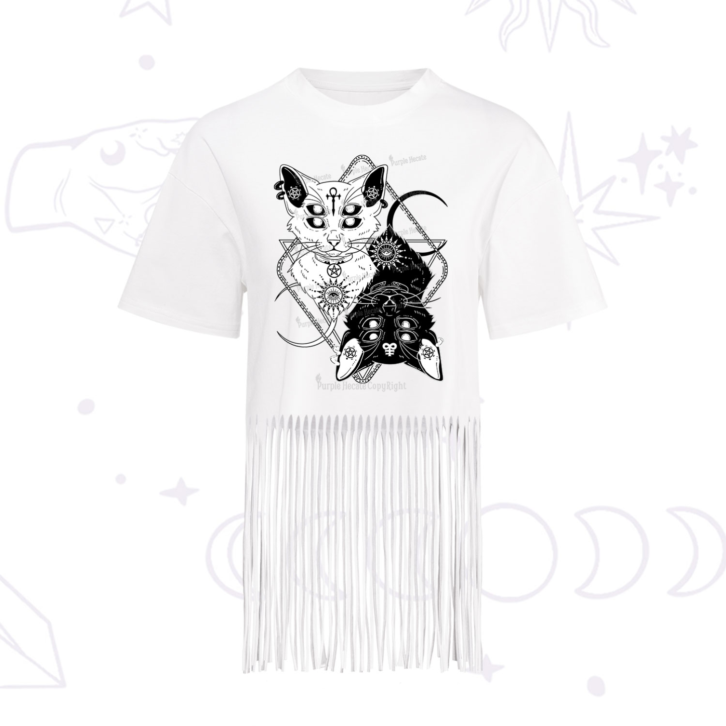 Purplehecate Occult Mirror Cats Fringe Hem T-Shirt