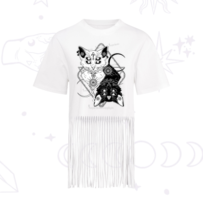 Purplehecate Occult Mirror Cats Fringe Hem T-Shirt