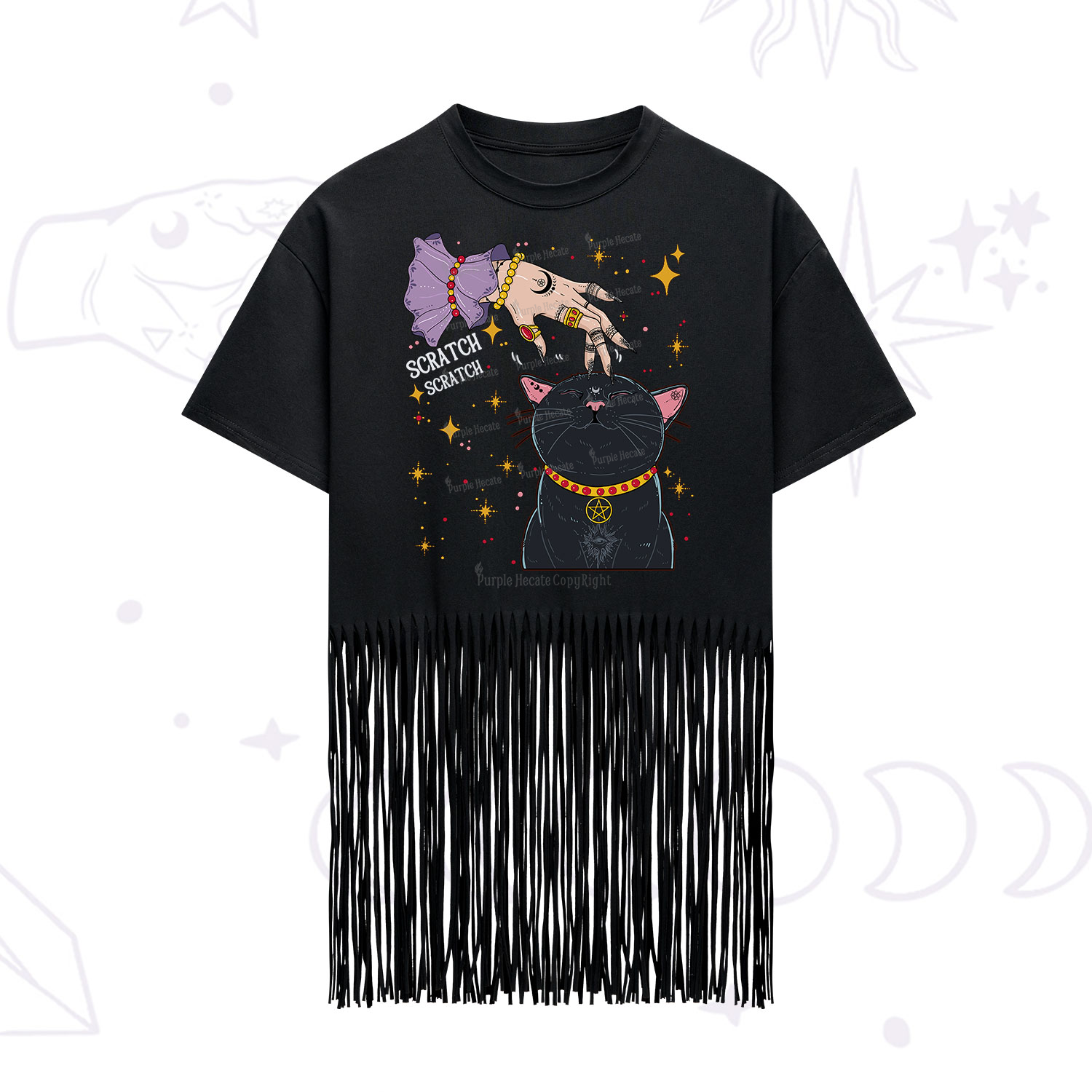 Purplehecate Witch's Cat Scratch Fringe Hem T-Shirt