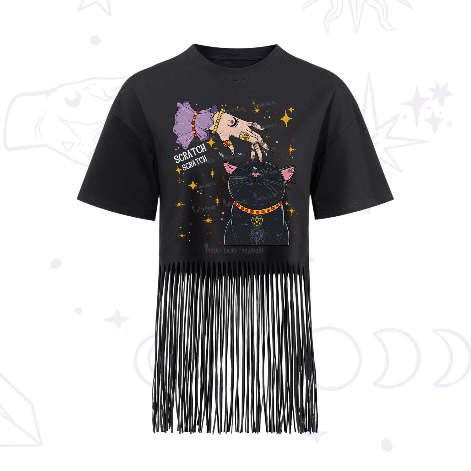 Purplehecate Witch's Cat Scratch Fringe Hem T-Shirt