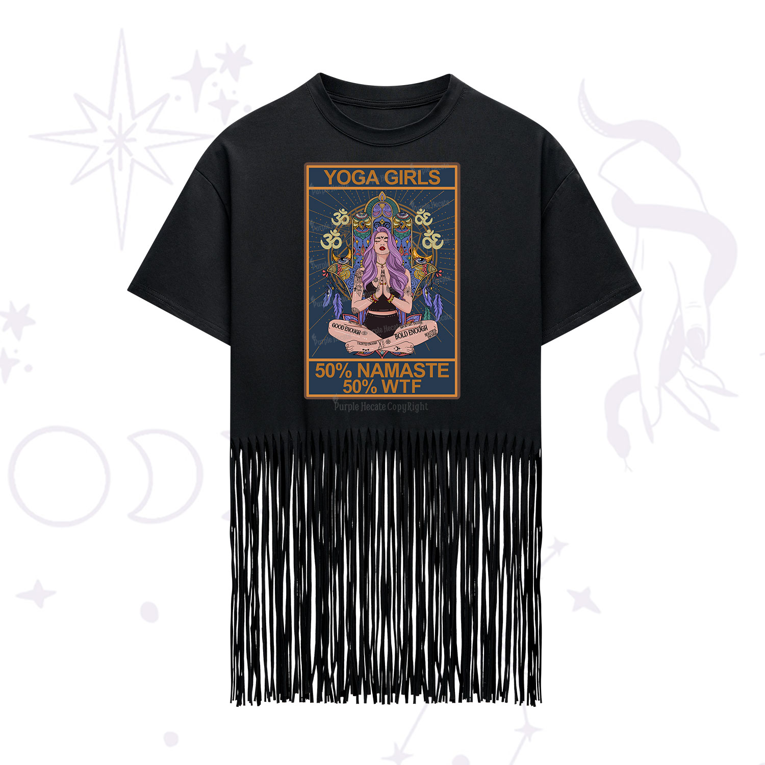 Purplehecate The Girls Yoga Shirt 50% Namaste 50% WTF Oracle Card Fringe Hem T-Shirt