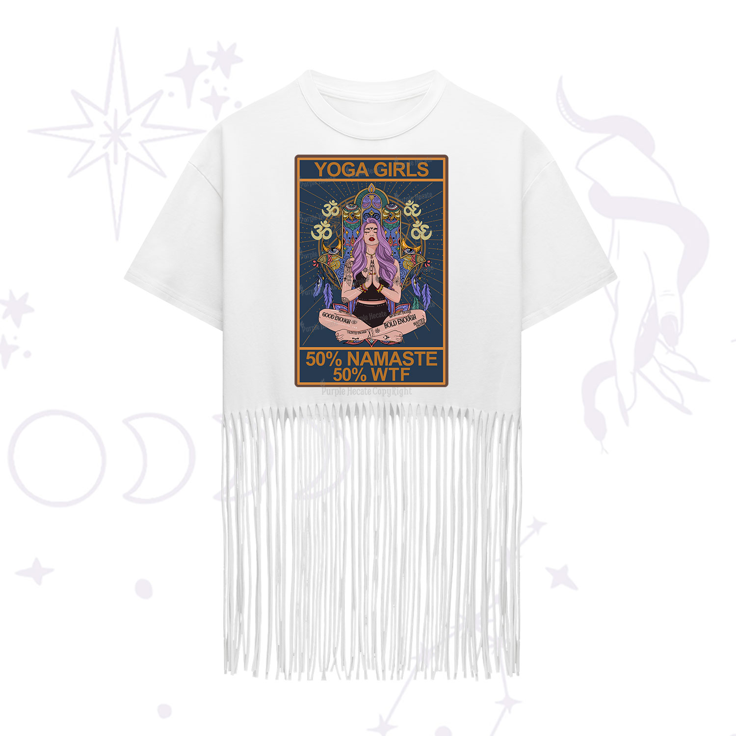 Purplehecate The Girls Yoga Shirt 50% Namaste 50% WTF Oracle Card Fringe Hem T-Shirt