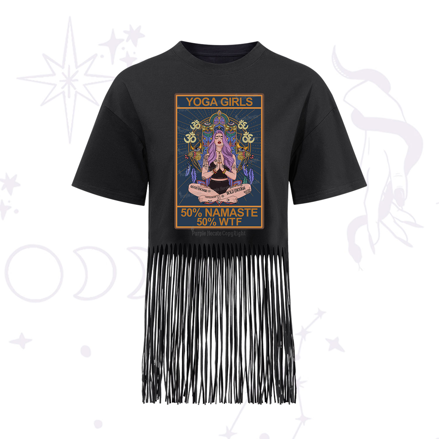 Purplehecate The Girls Yoga Shirt 50% Namaste 50% WTF Oracle Card Fringe Hem T-Shirt