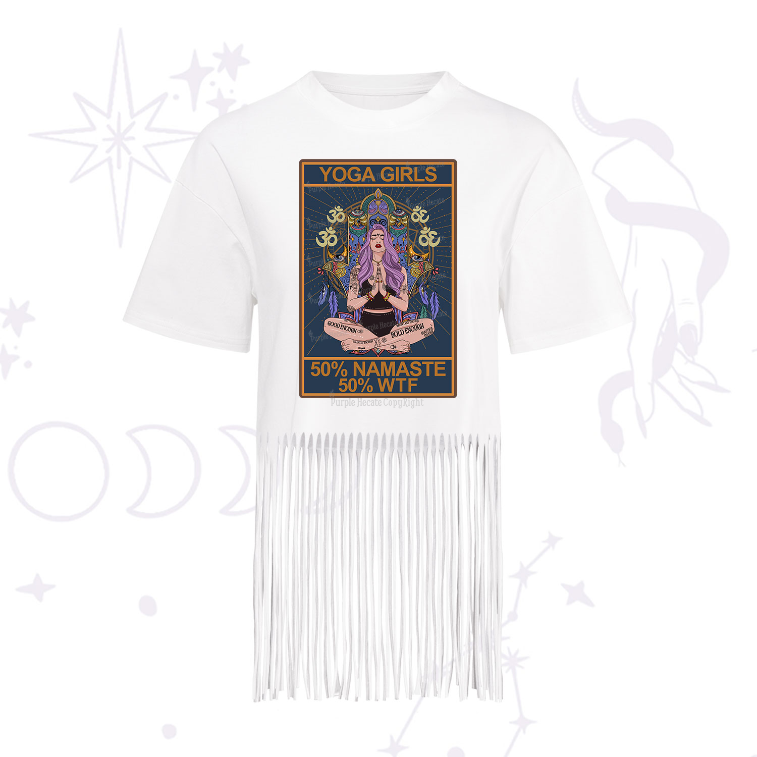 Purplehecate The Girls Yoga Shirt 50% Namaste 50% WTF Oracle Card Fringe Hem T-Shirt