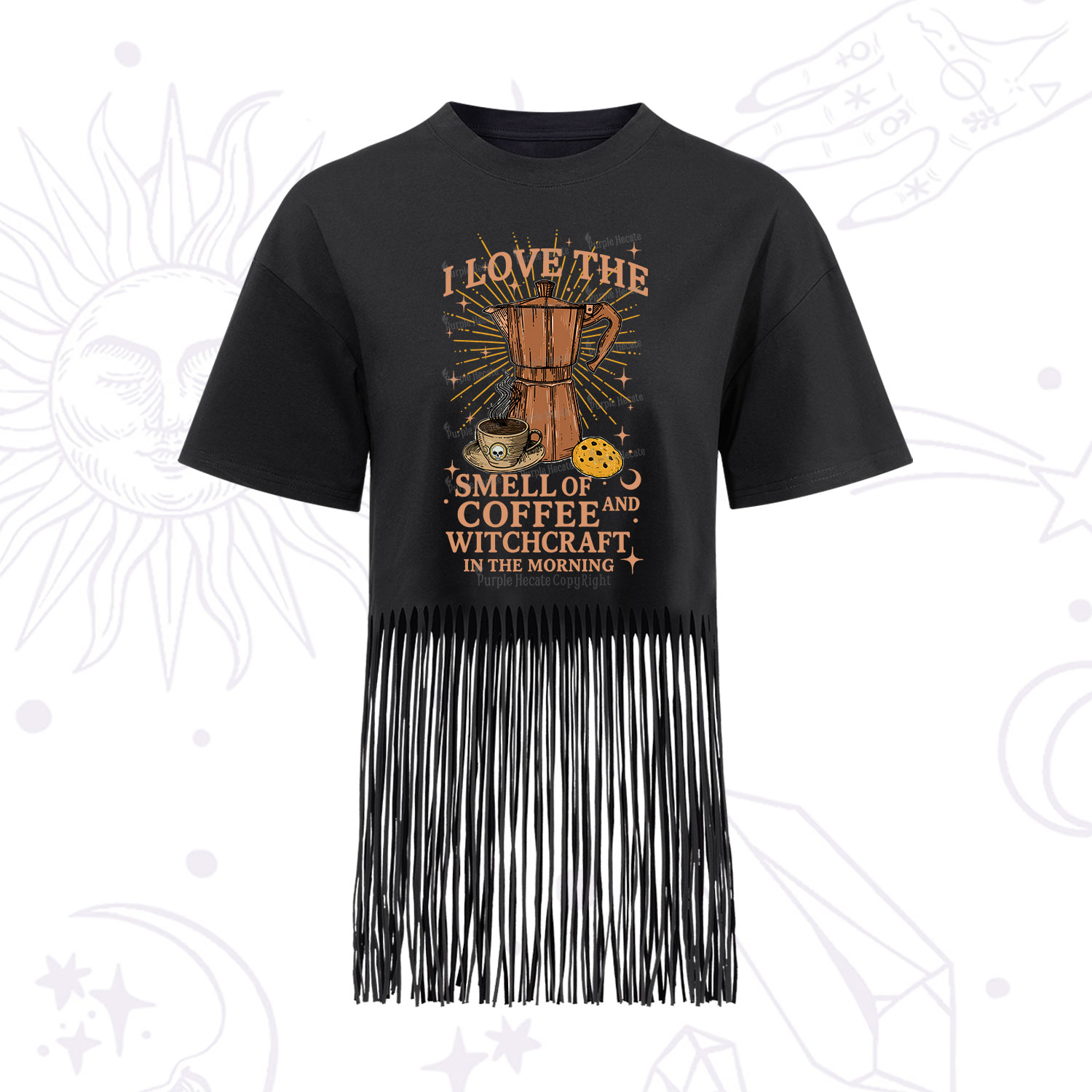 Purplehecate I Love The Smell Of Coffee And Witchcraft In The Morning Fringe Hem T-Shirt