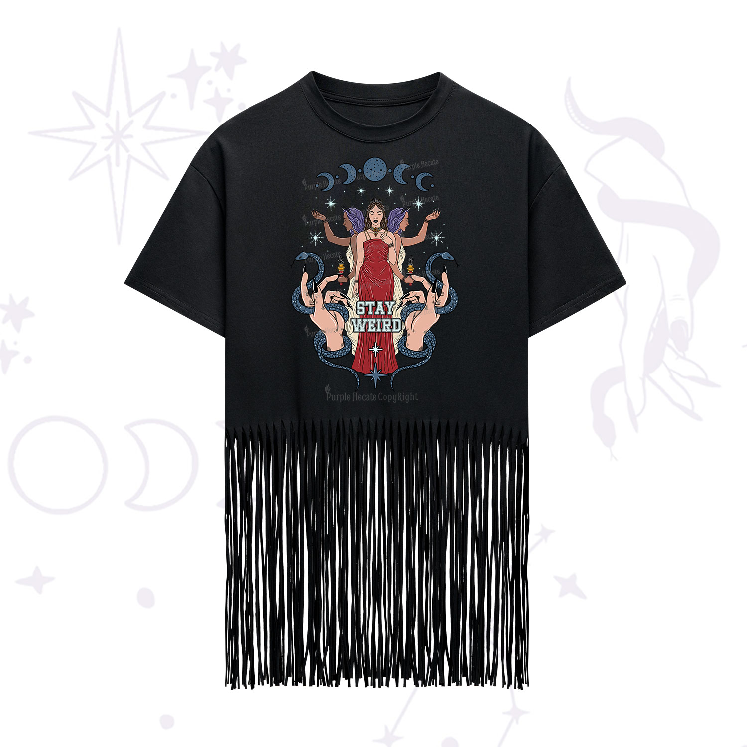 Purplehecate Stay Weird Goddess Fringe Hem T-Shirt