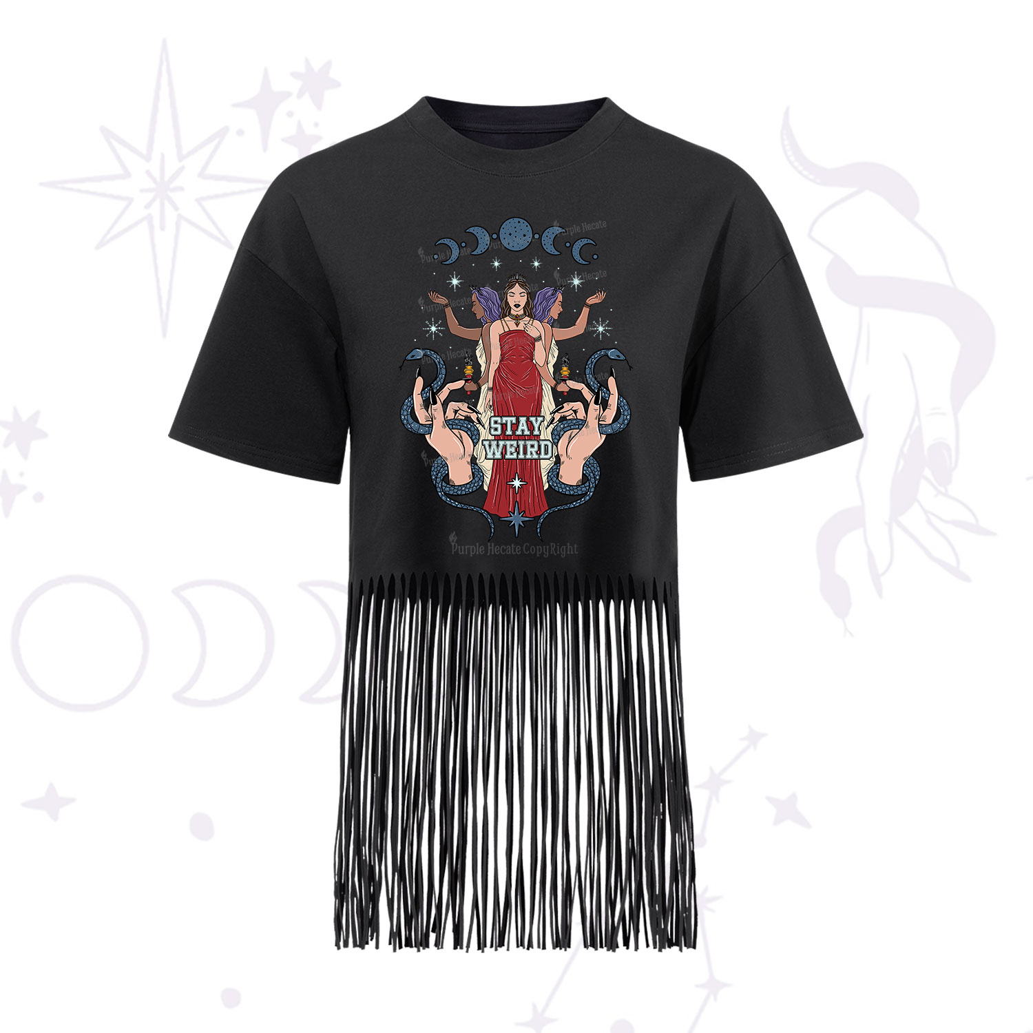 Purplehecate Stay Weird Goddess Fringe Hem T-Shirt