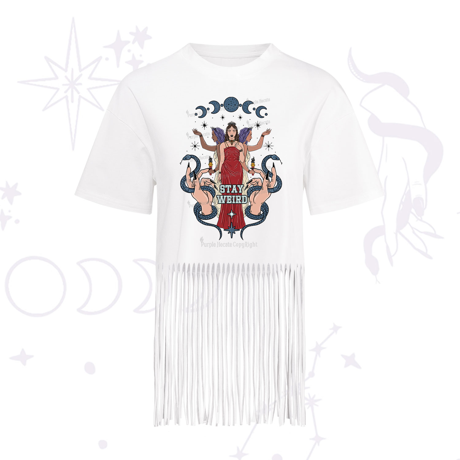 Purplehecate Stay Weird Goddess Fringe Hem T-Shirt