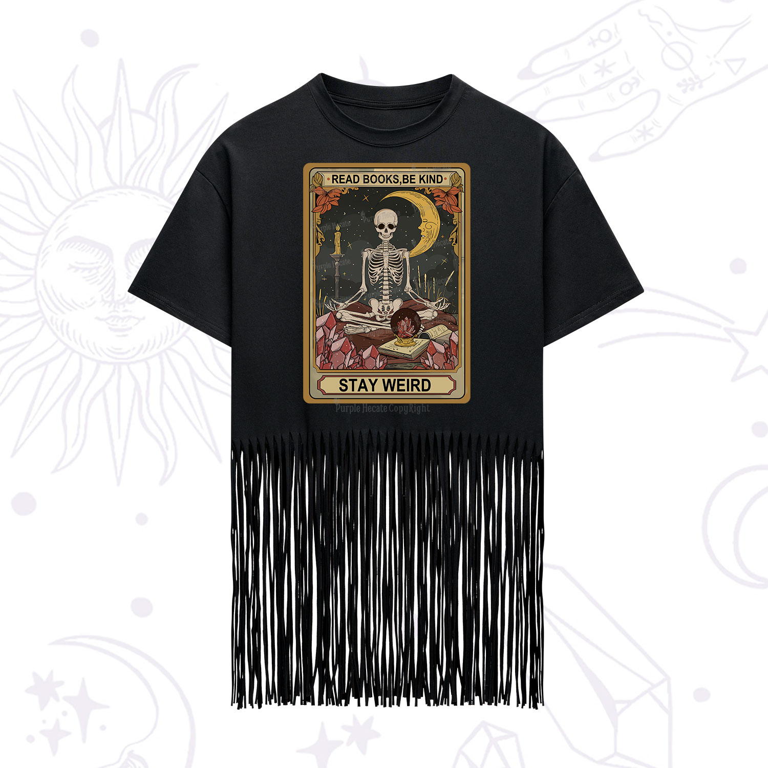 Purplehecate The Read Books Be Kind Stay Weird Oracle Card Fringe Hem T-Shirt