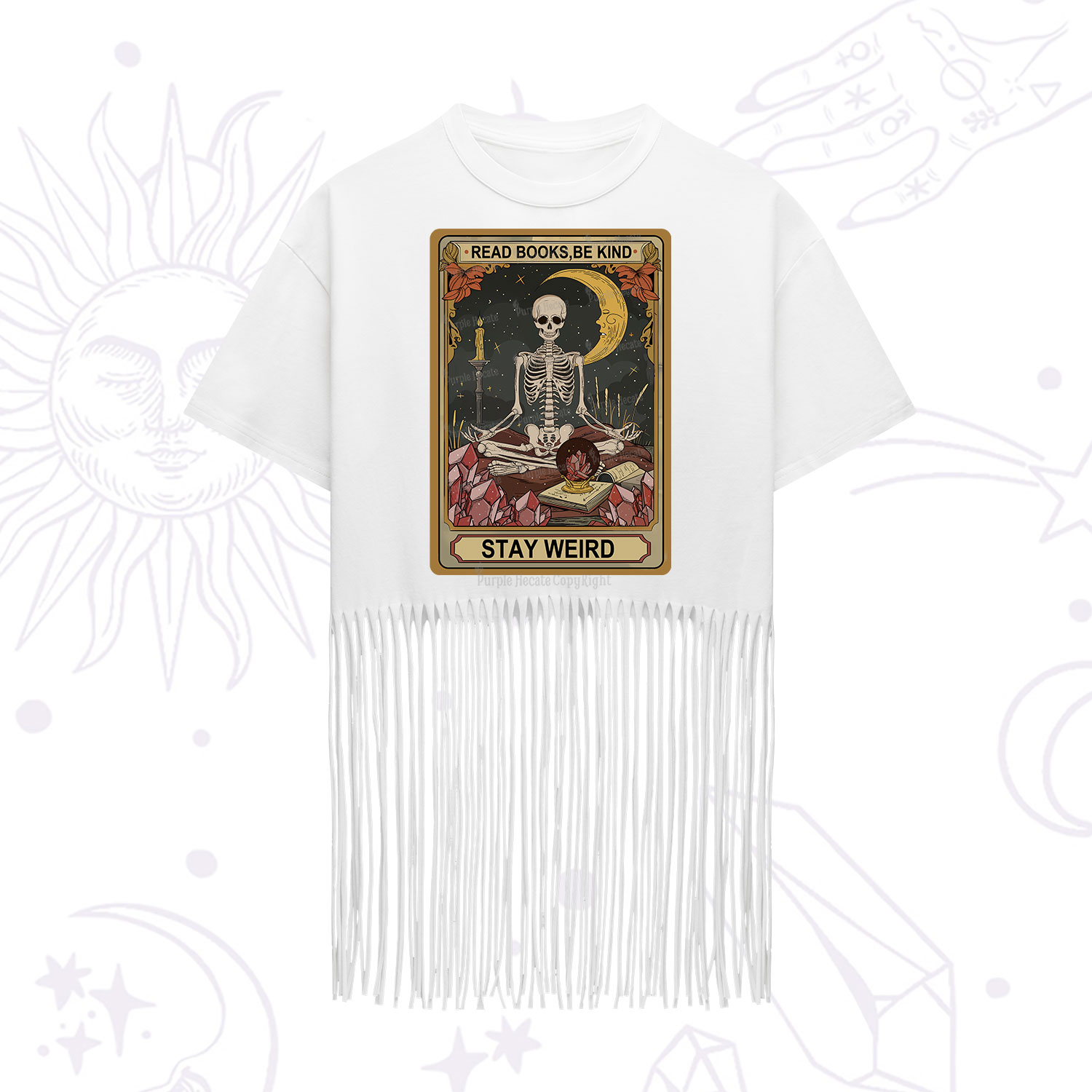 Purplehecate The Read Books Be Kind Stay Weird Oracle Card Fringe Hem T-Shirt