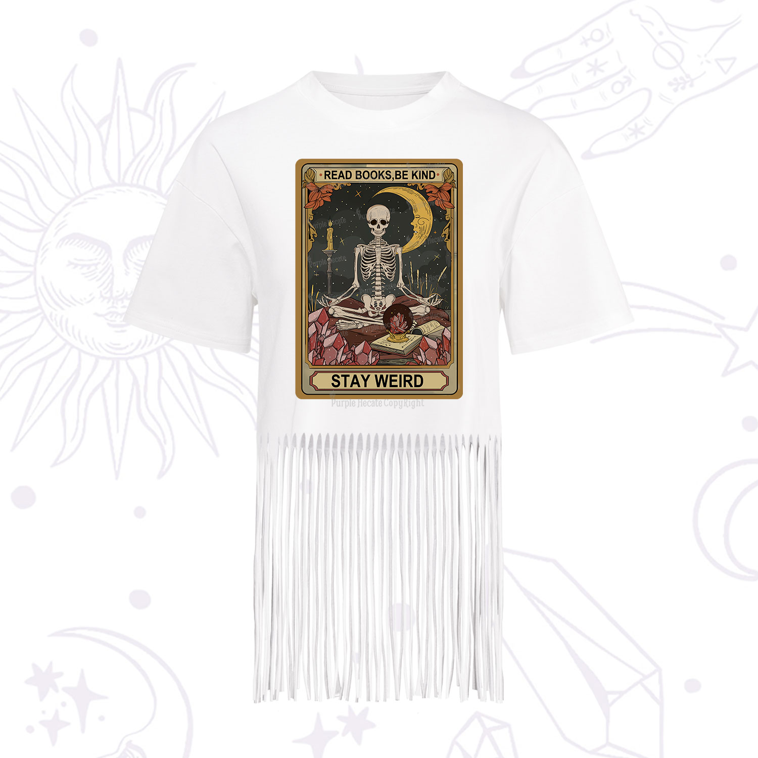 Purplehecate The Read Books Be Kind Stay Weird Oracle Card Fringe Hem T-Shirt