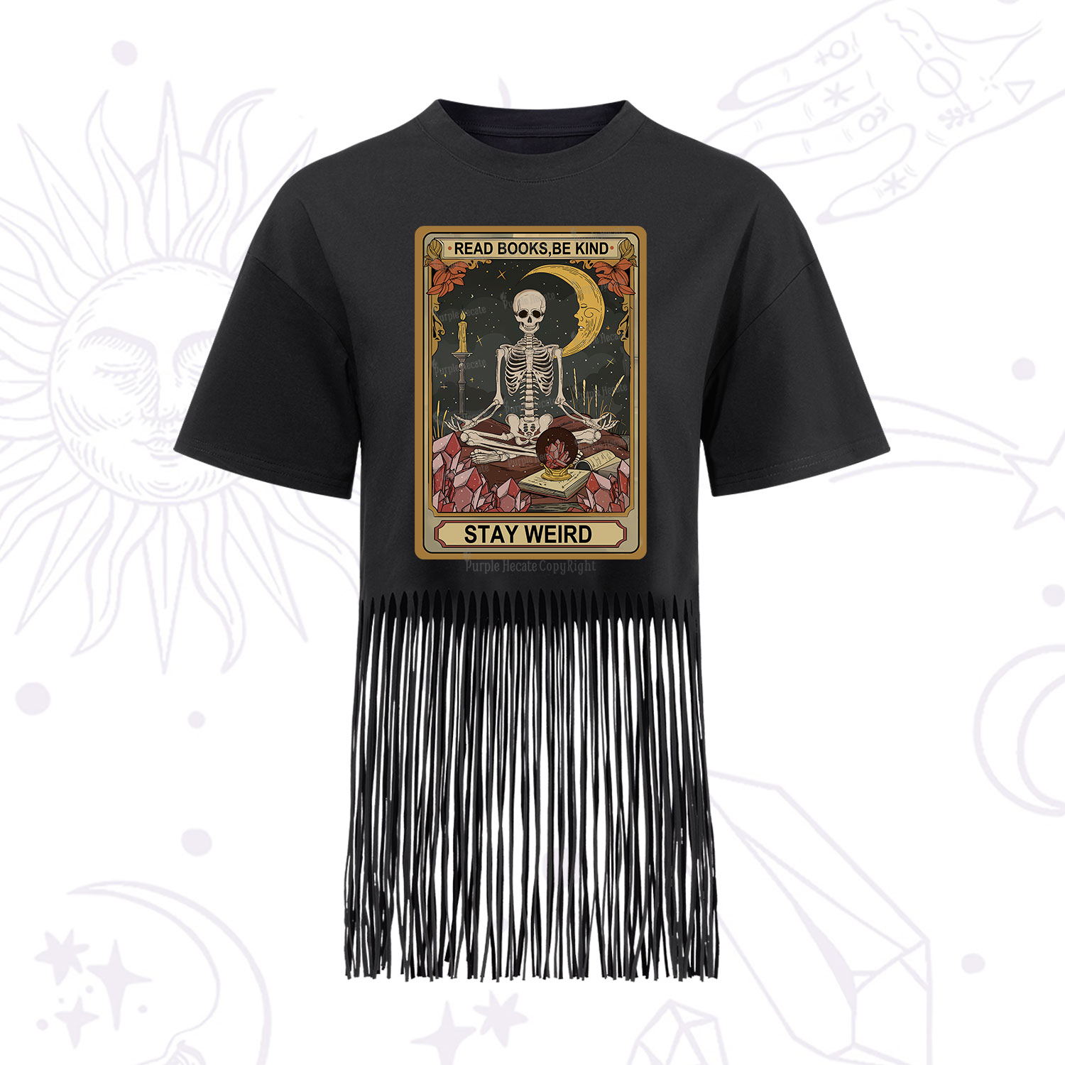 Purplehecate The Read Books Be Kind Stay Weird Oracle Card Fringe Hem T-Shirt