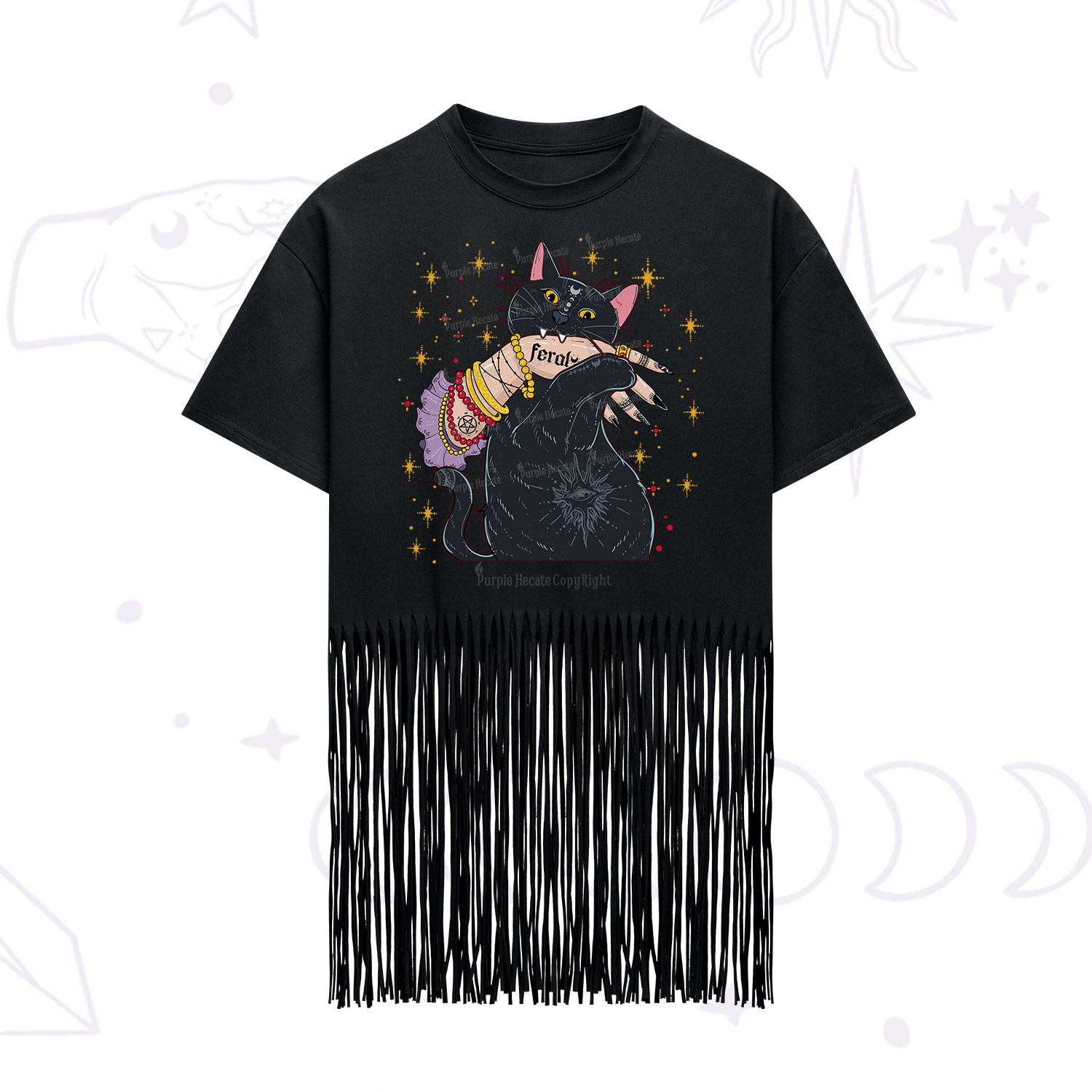 Purplehecate Feral Cat Fringe Hem T-Shirt