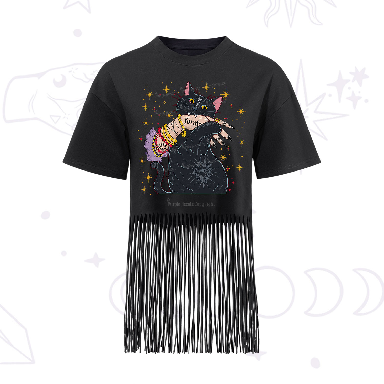 Purplehecate Feral Cat Fringe Hem T-Shirt