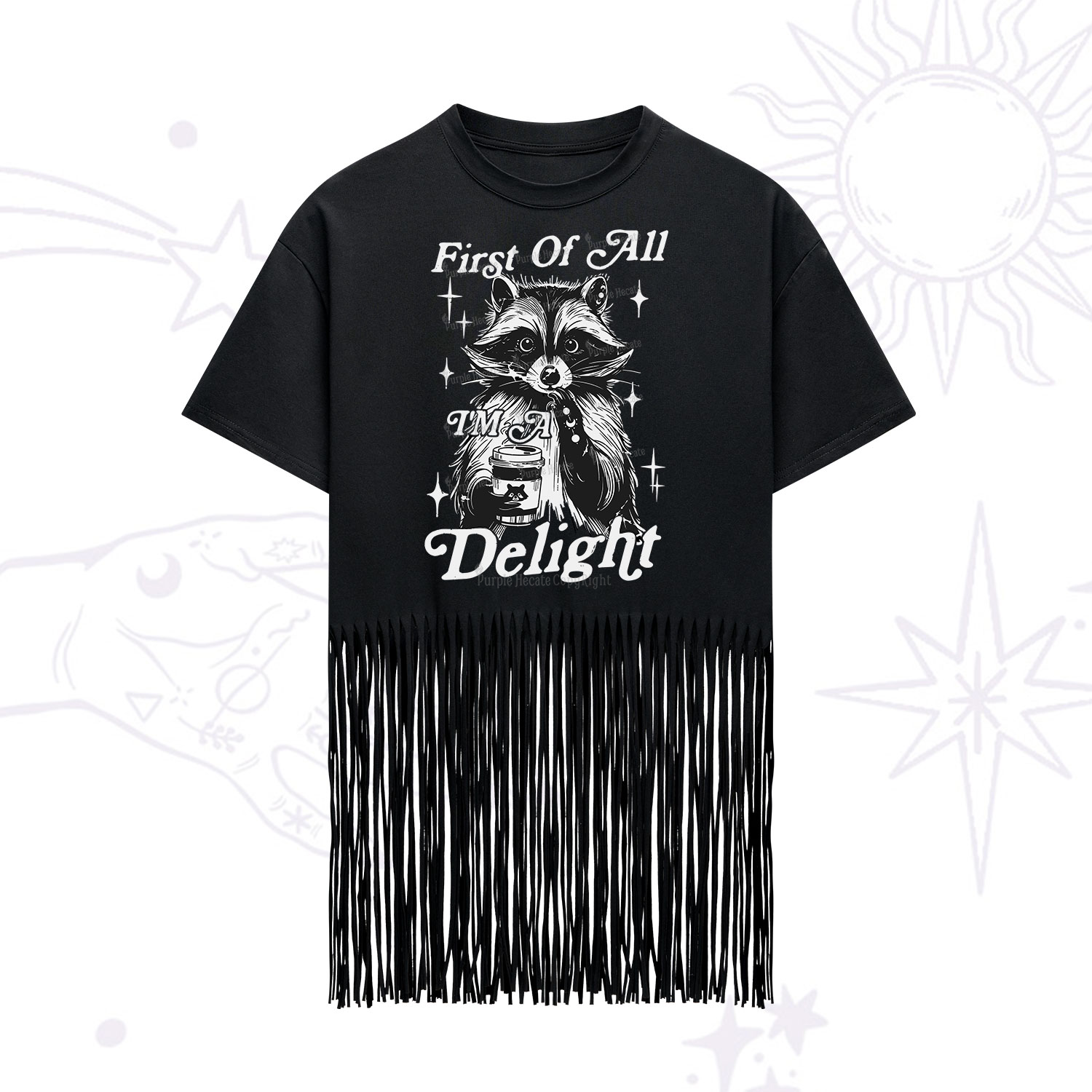 Purplehecate First Of All I'm A Delightful Funny Raccoon Fringe Hem T-Shirt