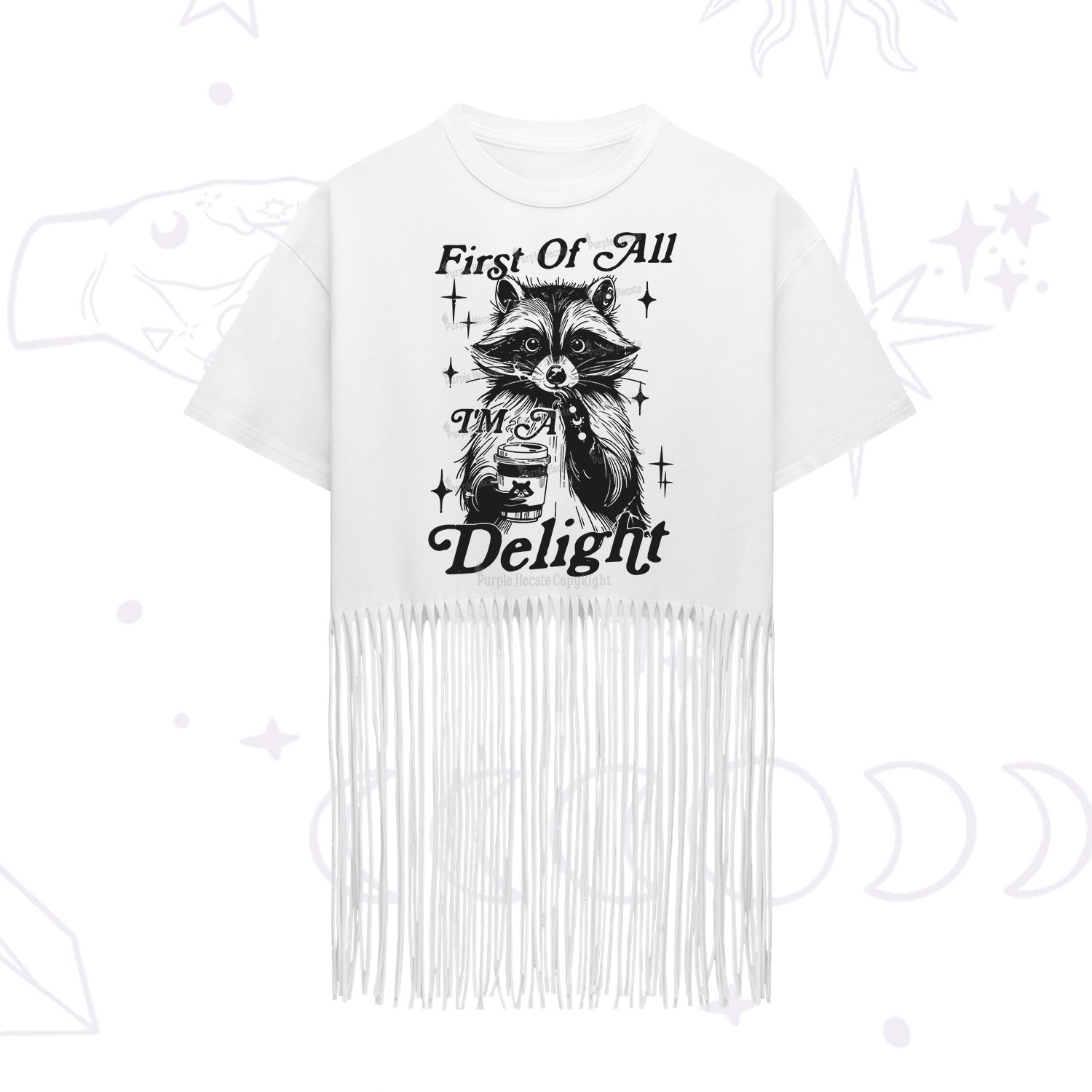 Purplehecate First Of All I'm A Delightful Funny Raccoon Fringe Hem T-Shirt