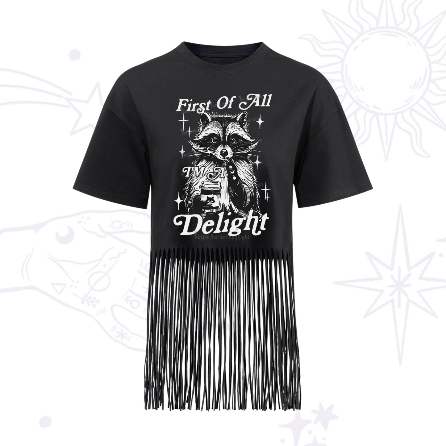 Purplehecate First Of All I'm A Delightful Funny Raccoon Fringe Hem T-Shirt